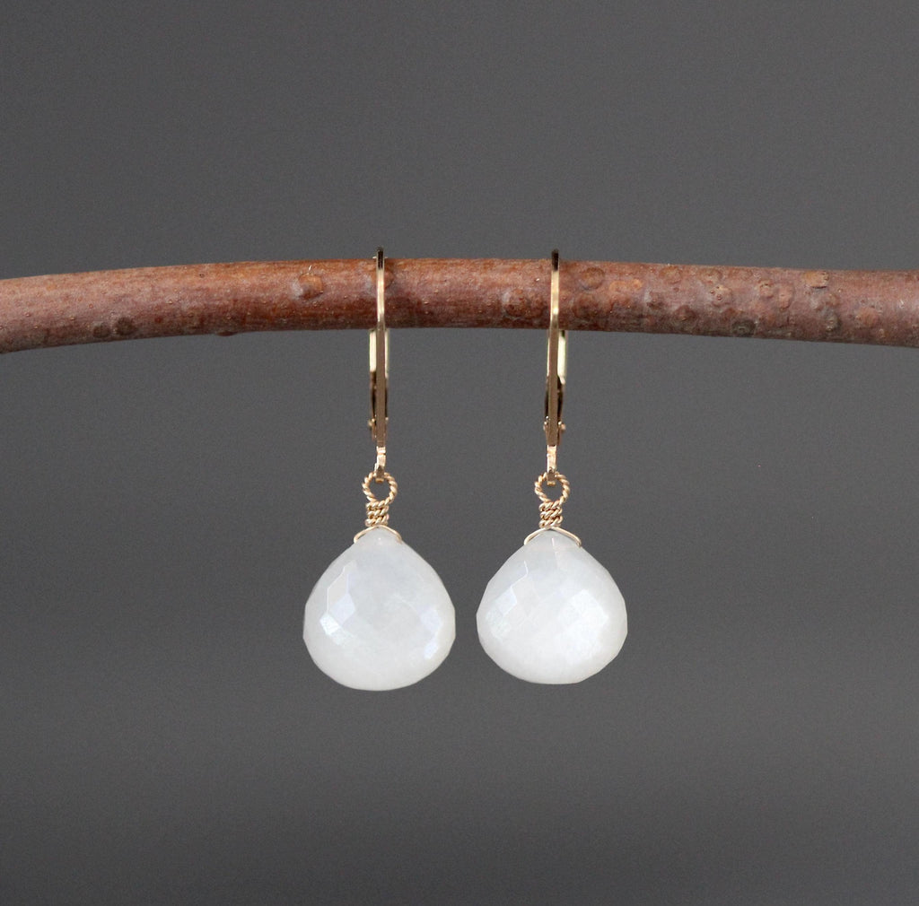 White Moonstone Teardrop Earrings on Gold Filled Leverbacks