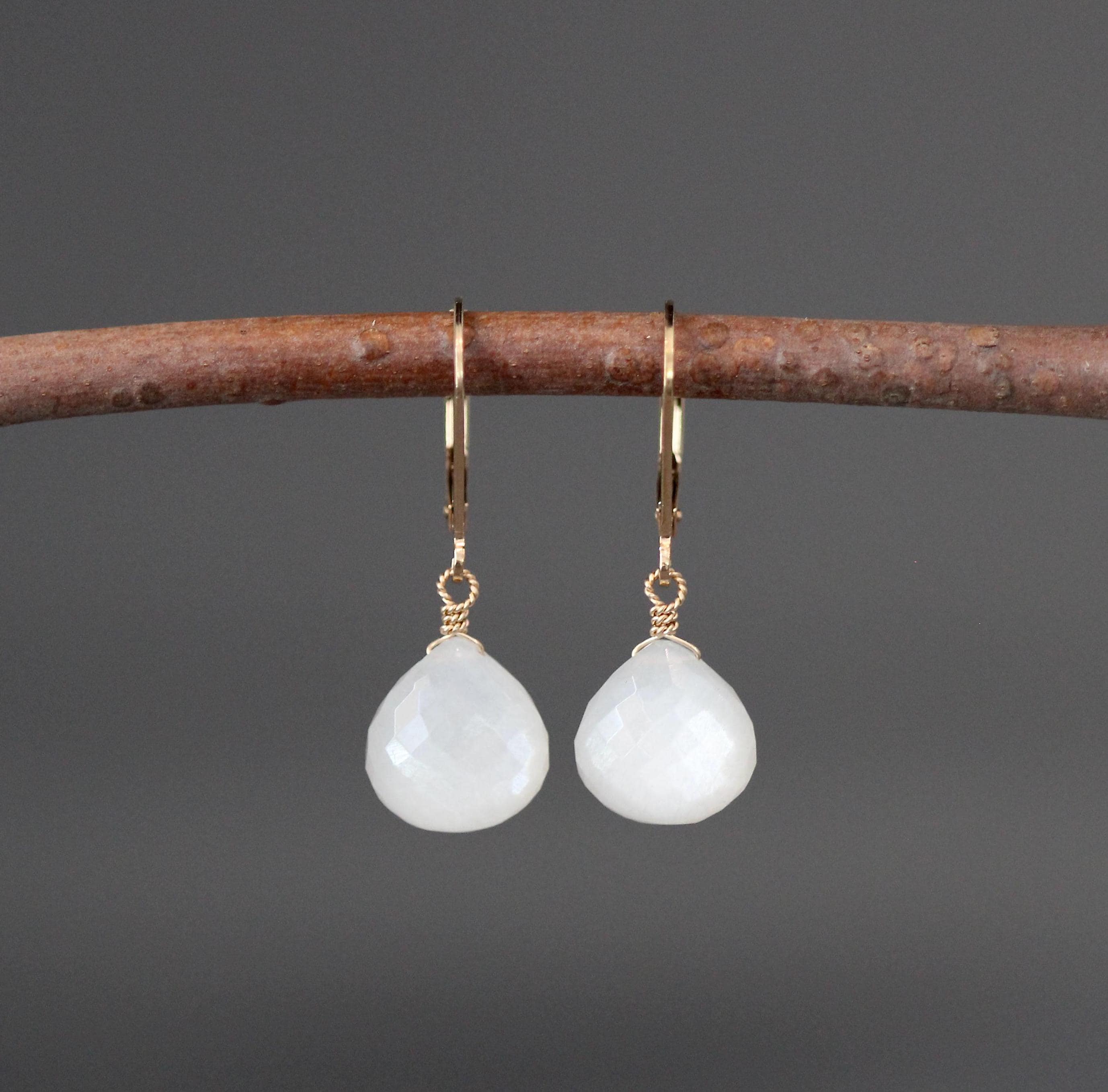 White Moonstone Teardrop Earrings on Gold Filled Leverbacks