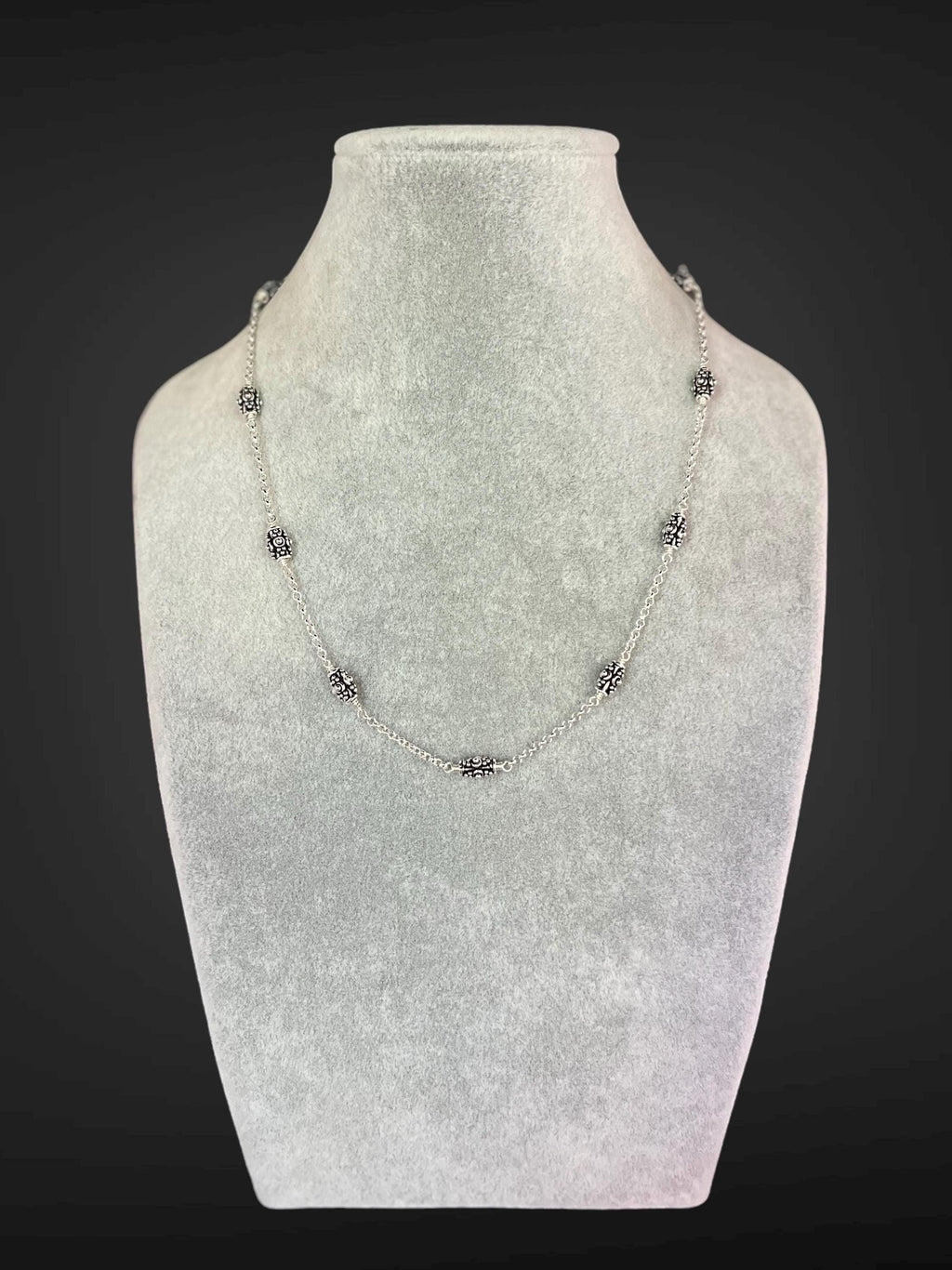 Bali Sterling Silver Bead Station Necklace on Round Link Chain