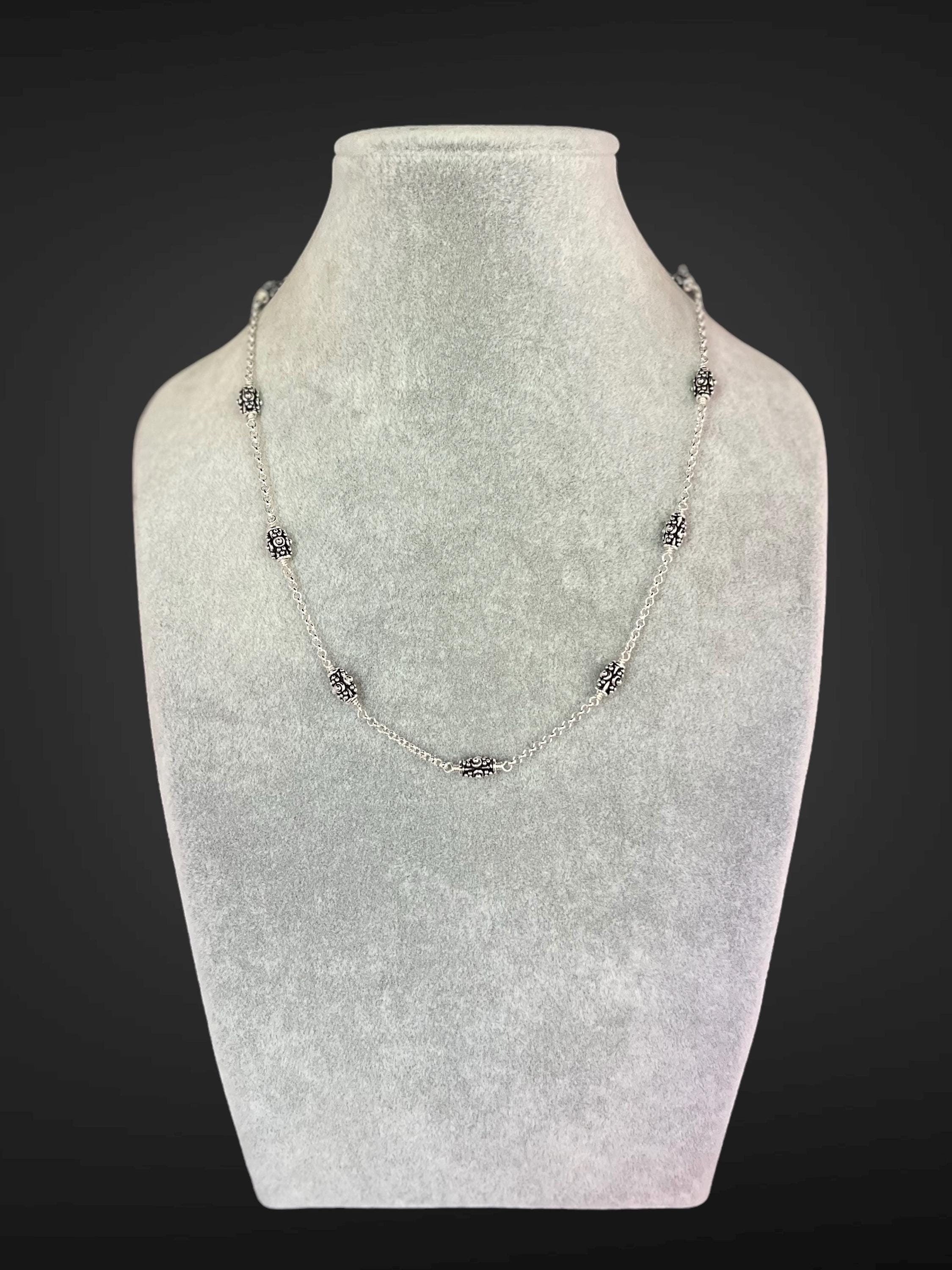 Bali Sterling Silver Bead Station Necklace on Round Link Chain