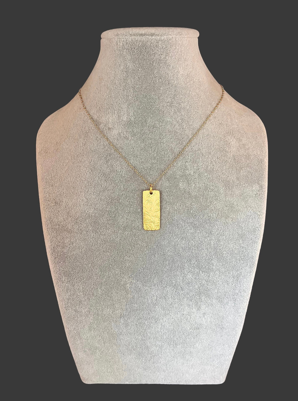 Matte Gold Vermeil Stamped Leaf Pendant Necklace on Gold Filled Chain