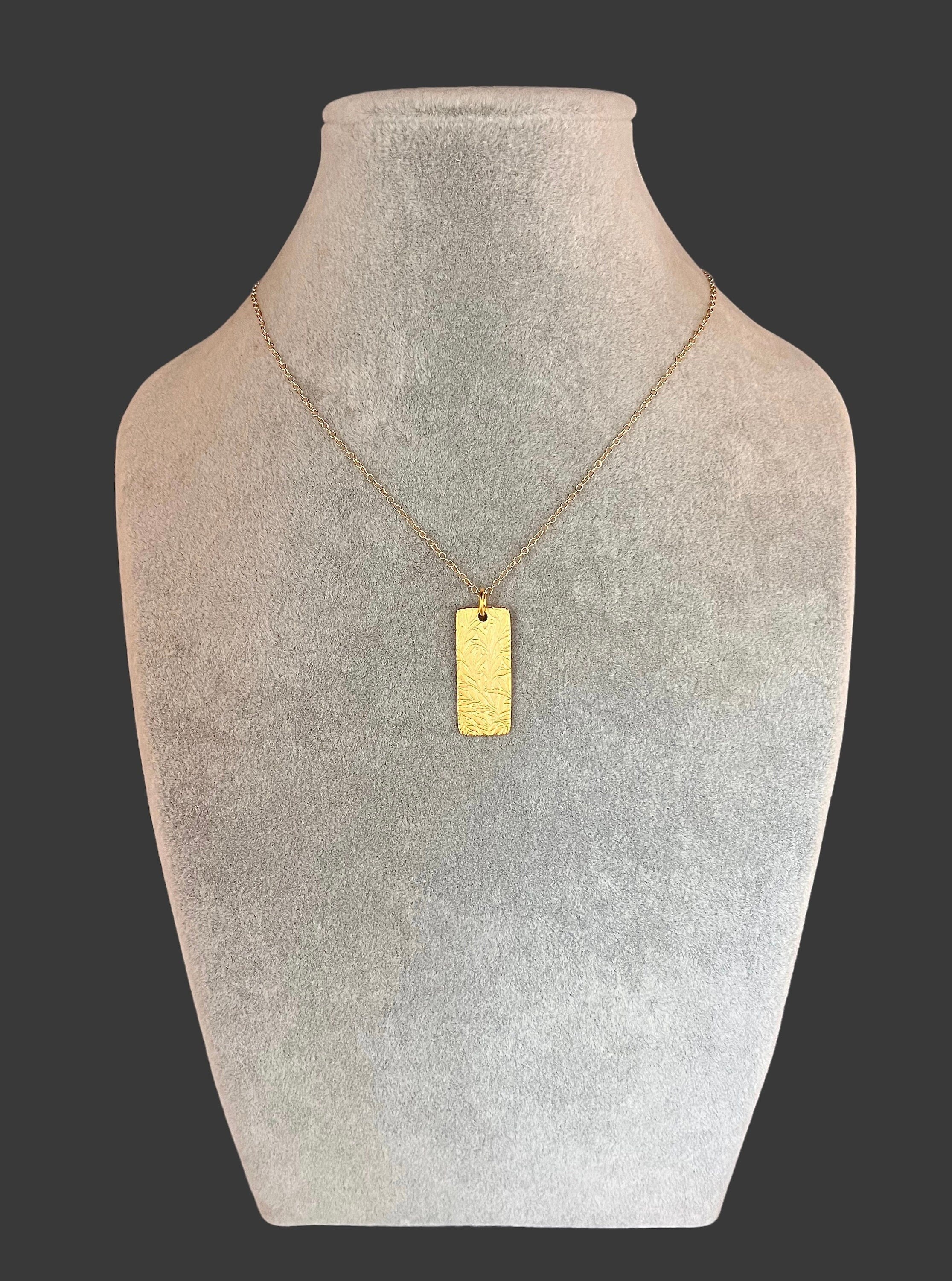 Matte Gold Vermeil Stamped Leaf Pendant Necklace on Gold Filled Chain