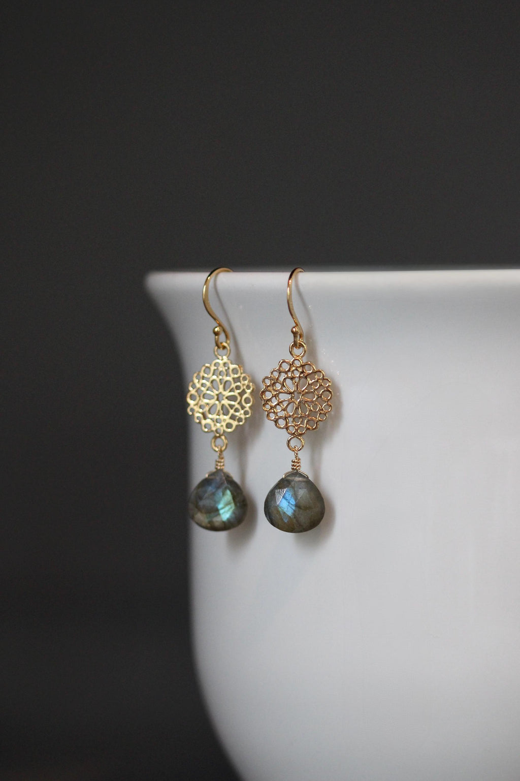 Labradorite Teardrop Earrings on Gold Vermeil Filigree Links