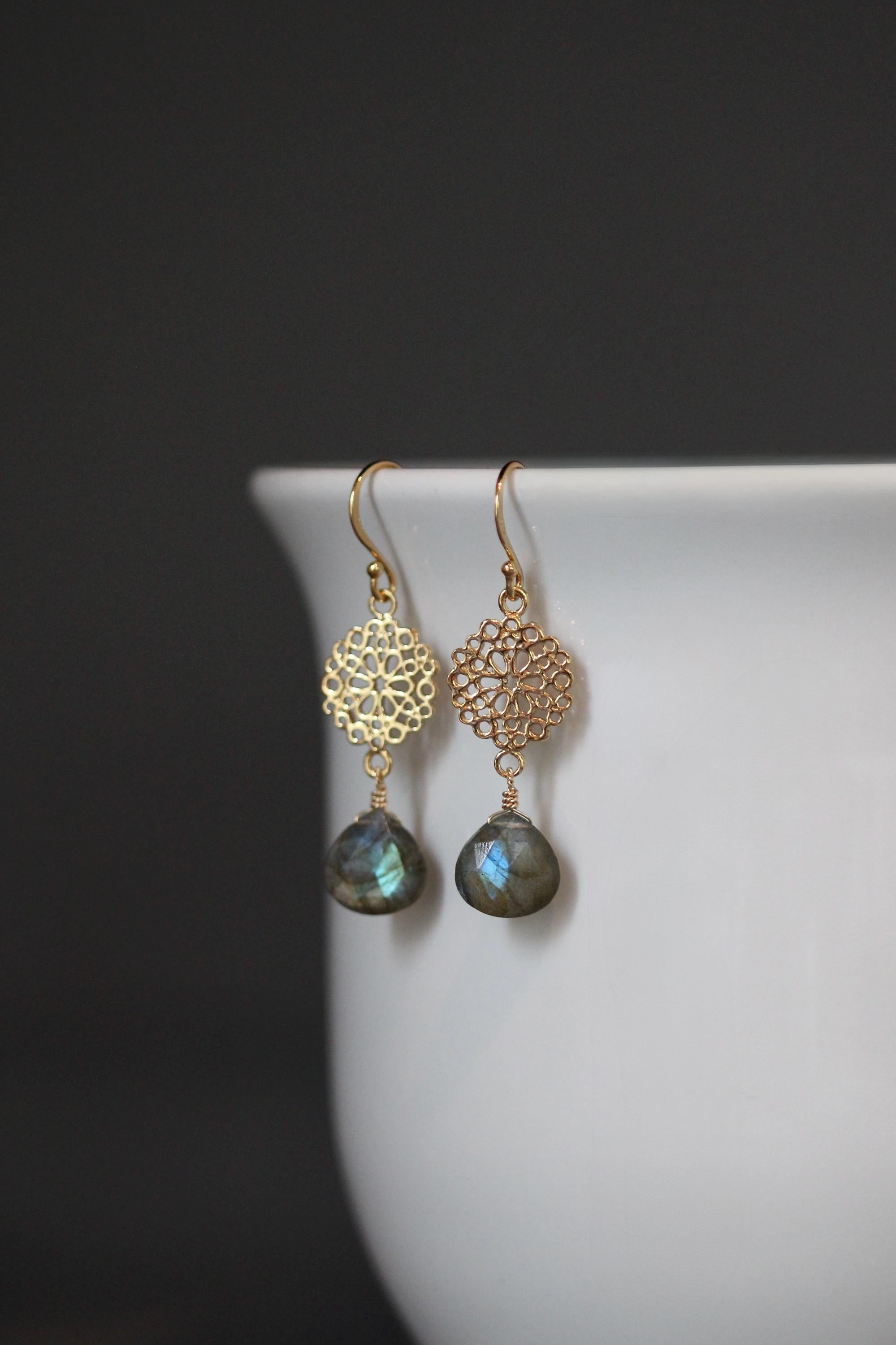 Labradorite Teardrop Earrings on Gold Vermeil Filigree Links