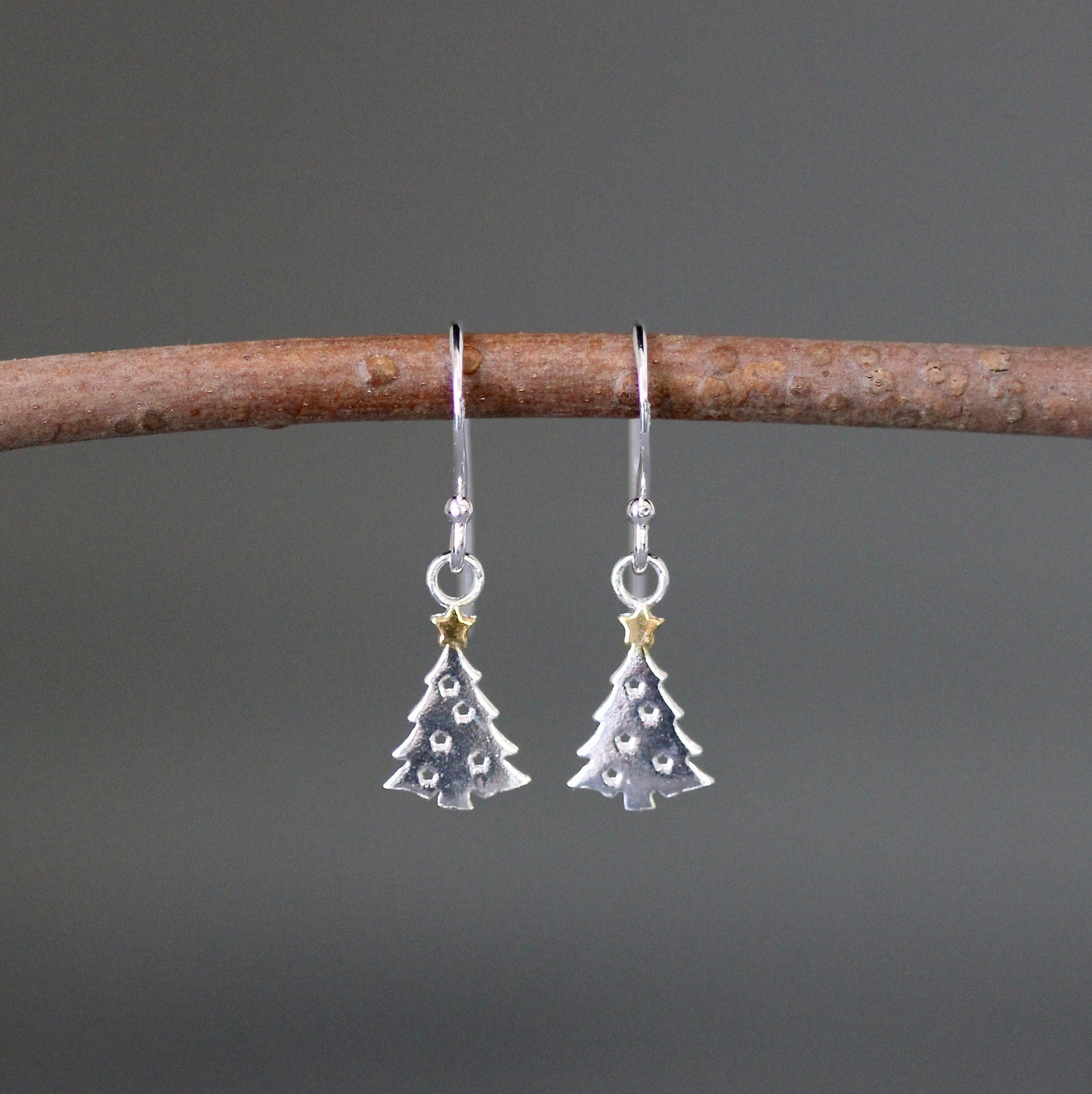 Sterling Silver Tree with Gold Vermeil Star Dangle Earrings