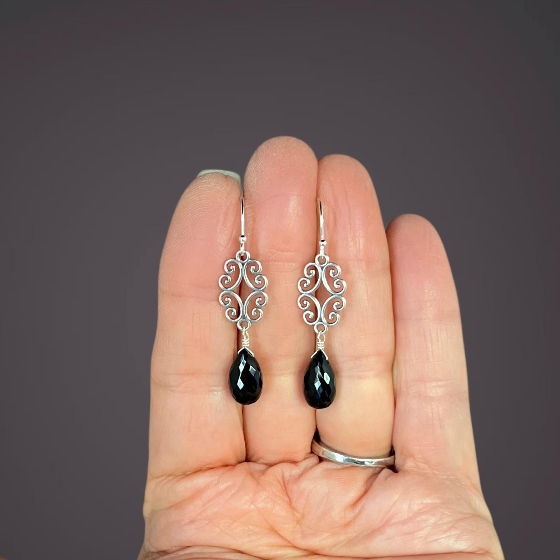Black Spinel Teardrop Earrings on Bali Sterling Silver Filigree Links