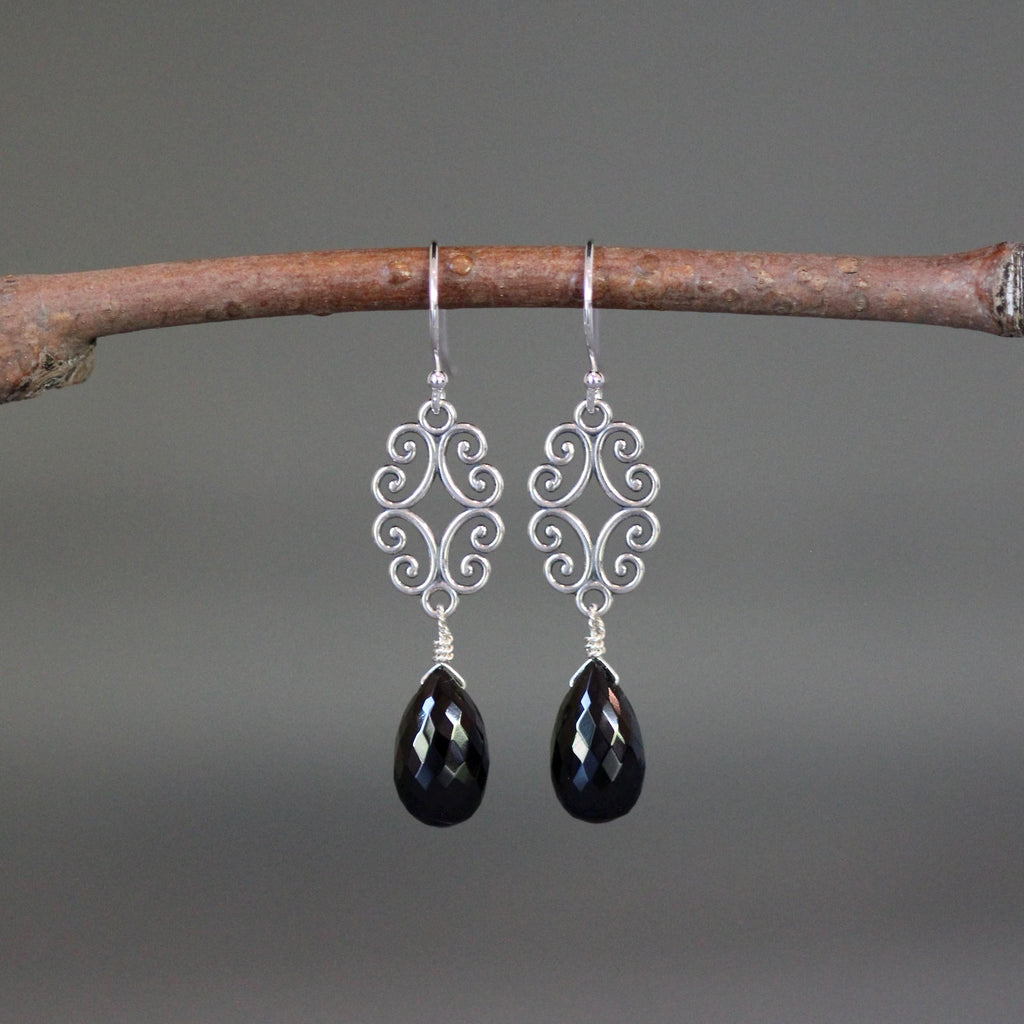 Black Spinel Teardrop Earrings on Bali Sterling Silver Filigree Links
