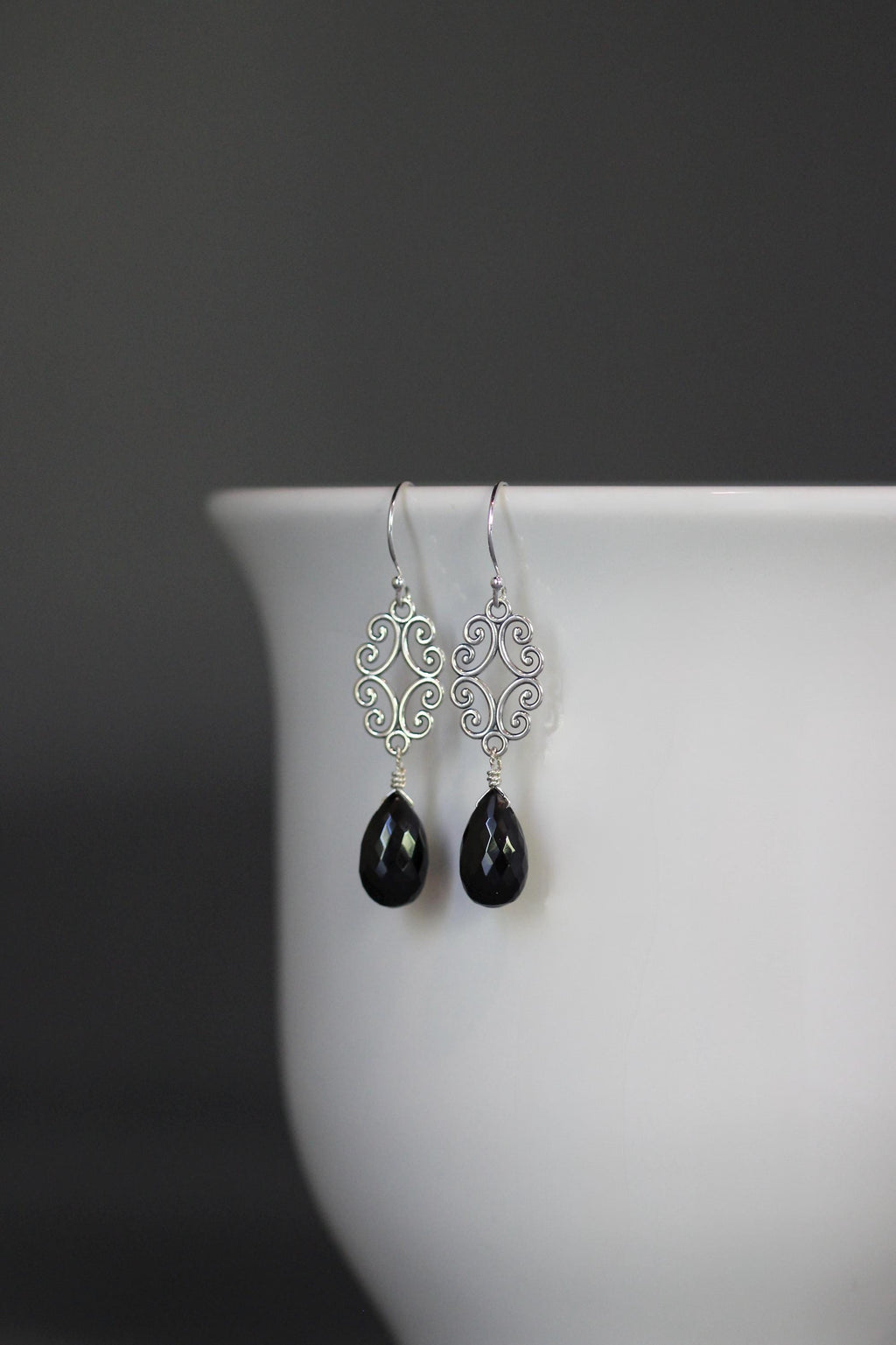 Black Spinel Teardrop Earrings on Bali Sterling Silver Filigree Links
