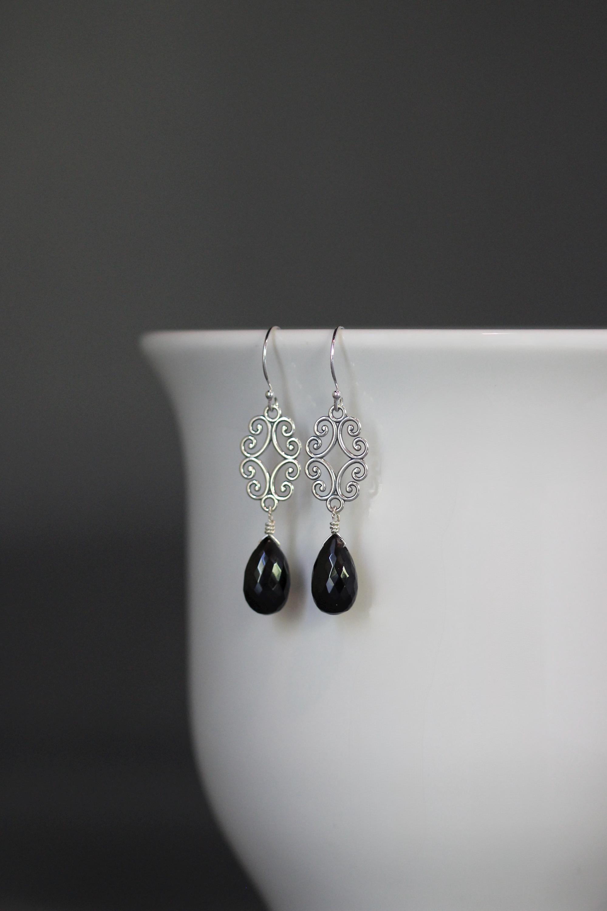 Black Spinel Teardrop Earrings on Bali Sterling Silver Filigree Links