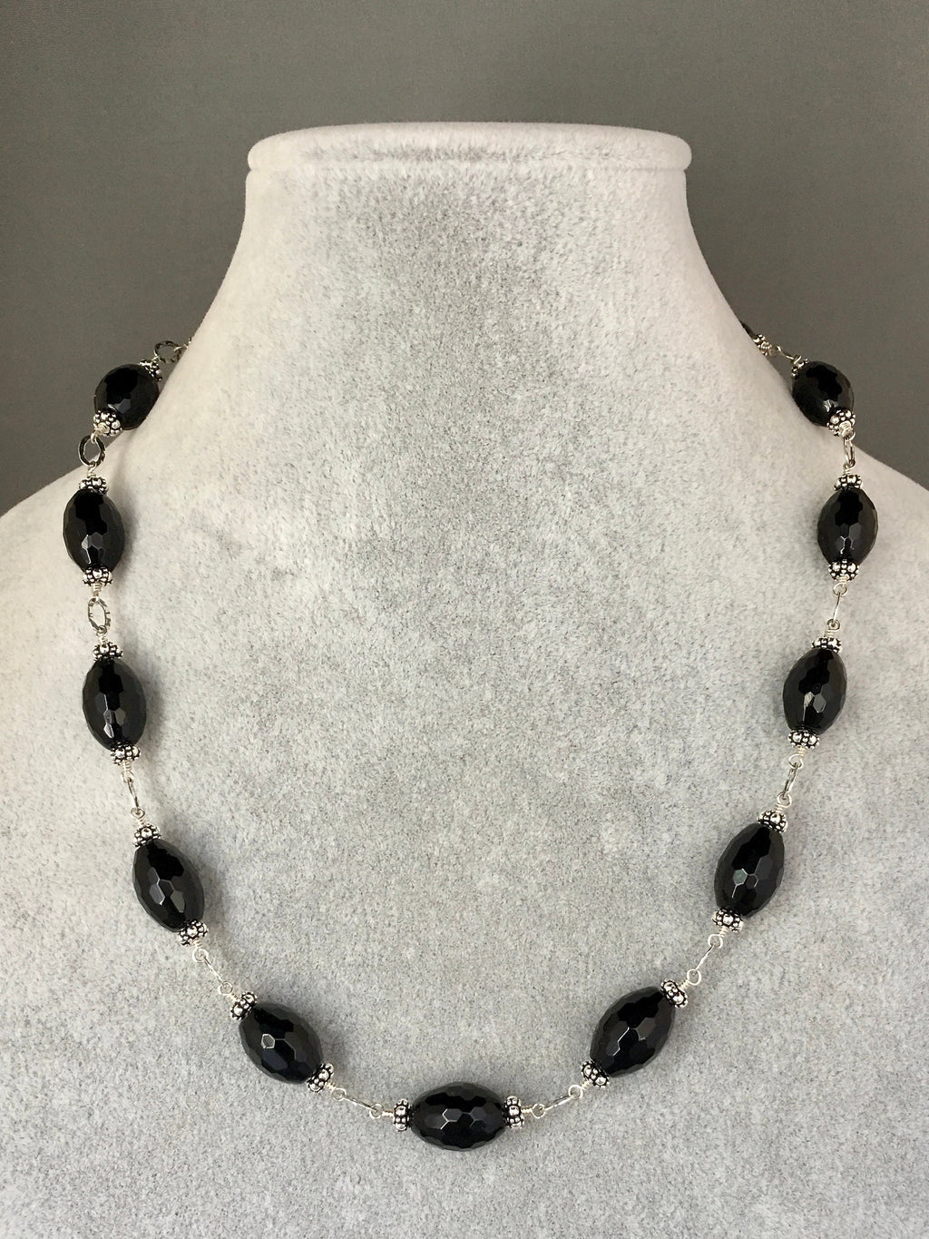 Black Onyx Barrel and Bali Sterling Silver Beaded Statement Necklace