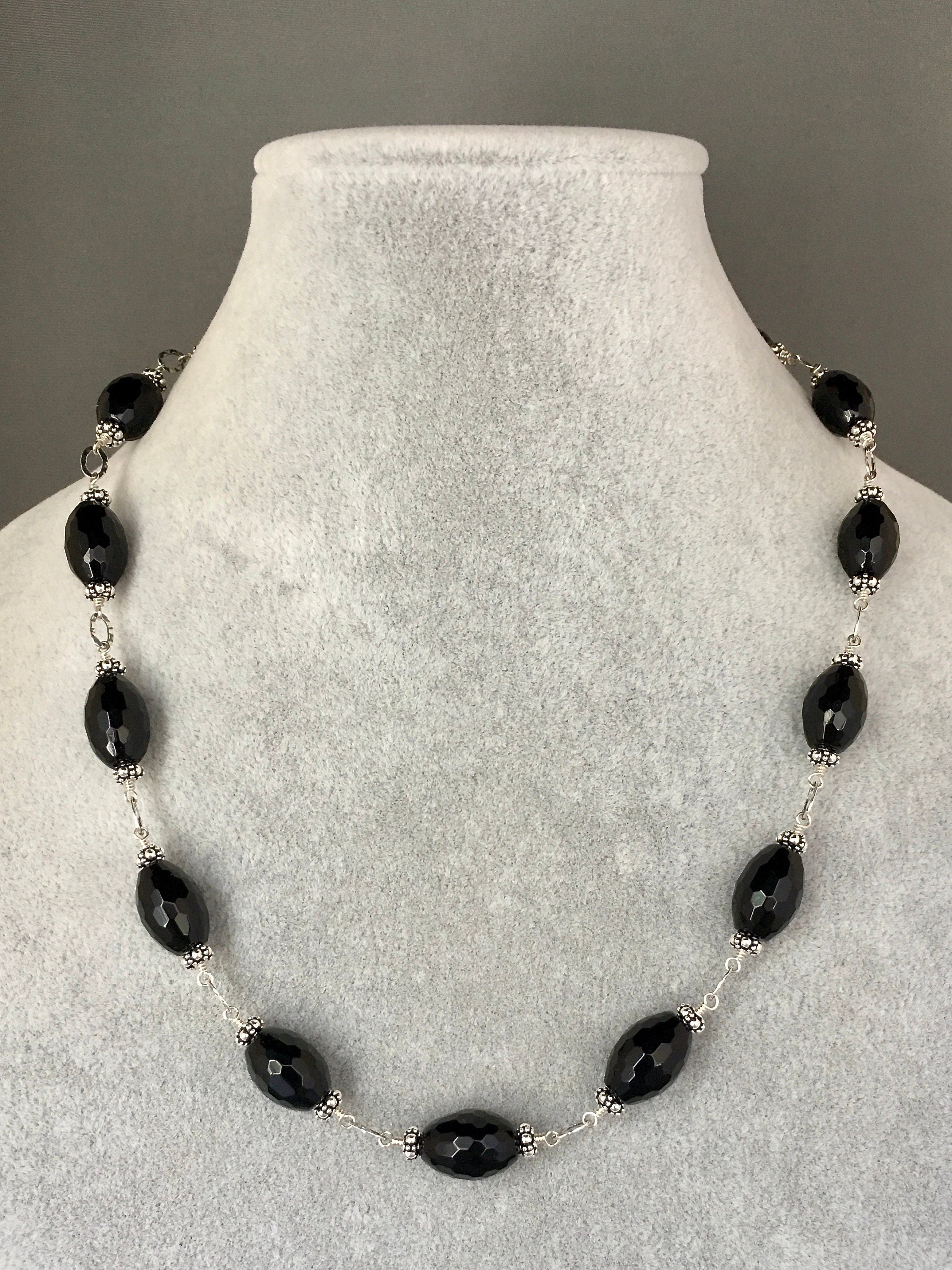 Black Onyx Barrel and Bali Sterling Silver Beaded Statement Necklace