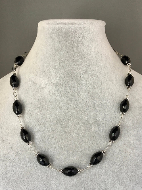 Black Onyx Barrel and Bali Sterling Silver Beaded Statement Necklace