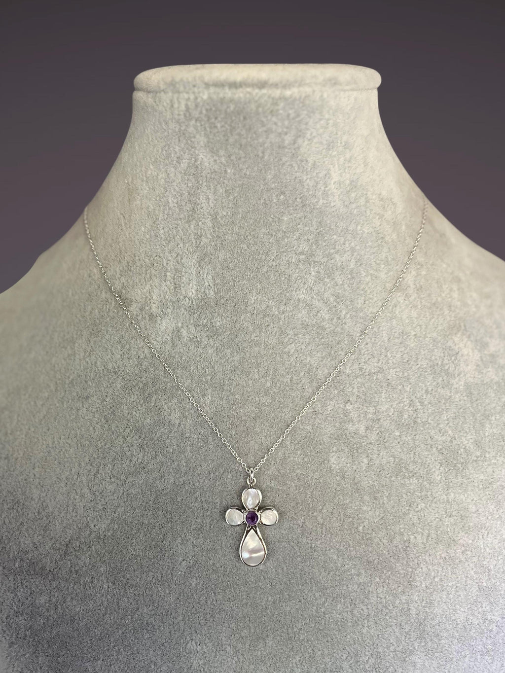 Amethyst and Mother of Pearl Bali Sterling Silver Cross Pendant Necklace