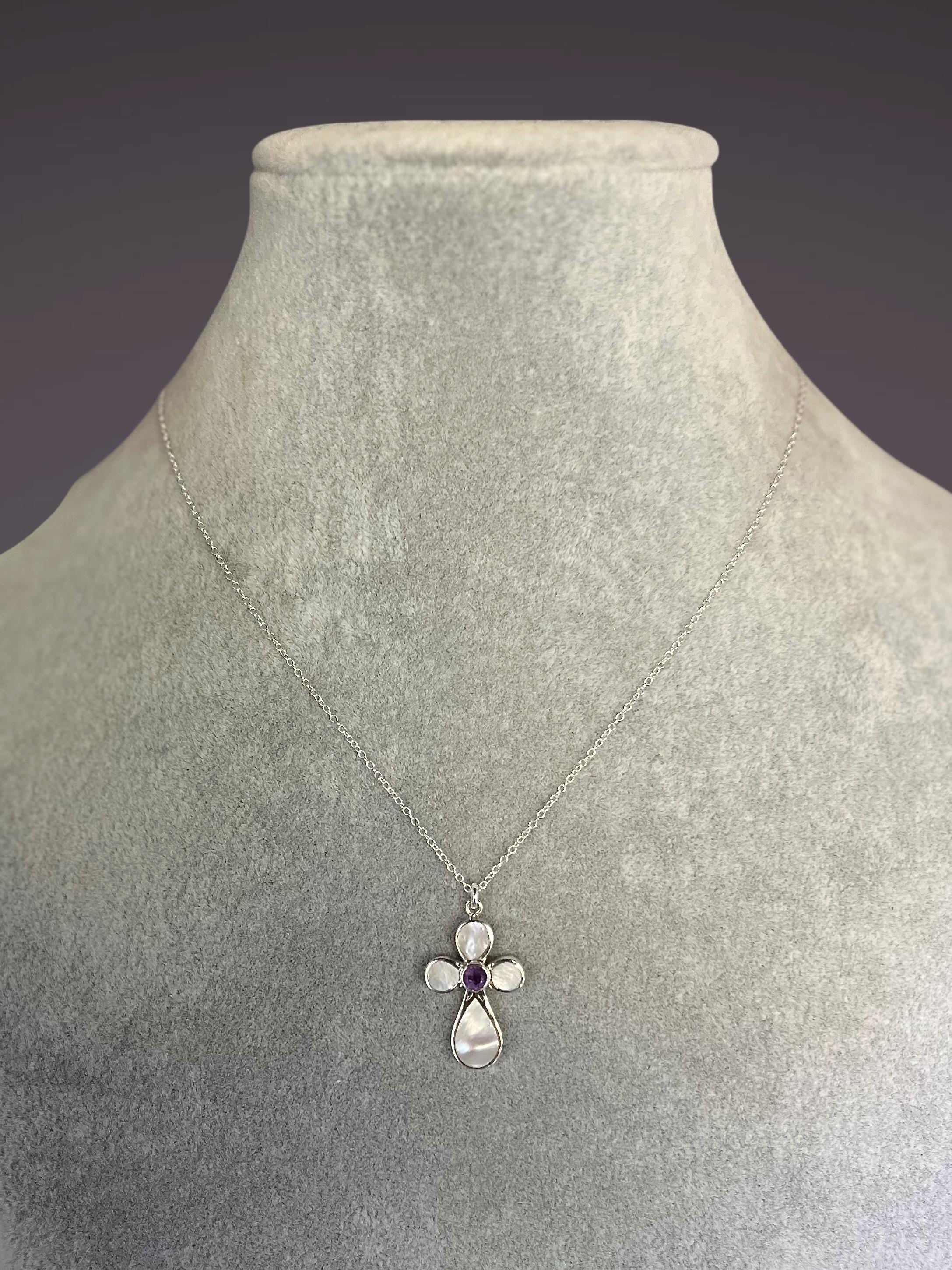 Amethyst and Mother of Pearl Bali Sterling Silver Cross Pendant Necklace