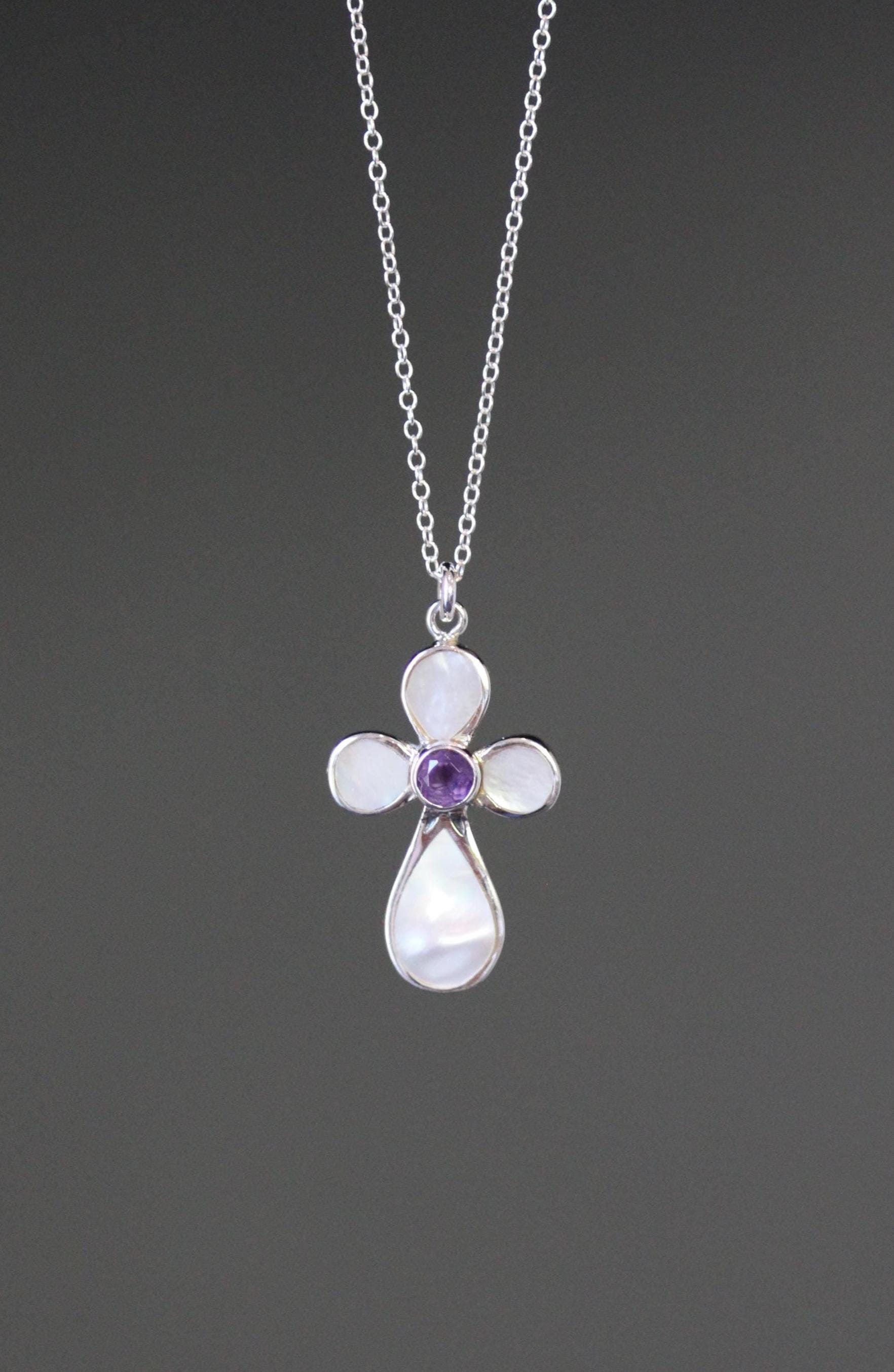 Amethyst and Mother of Pearl Bali Sterling Silver Cross Pendant Necklace