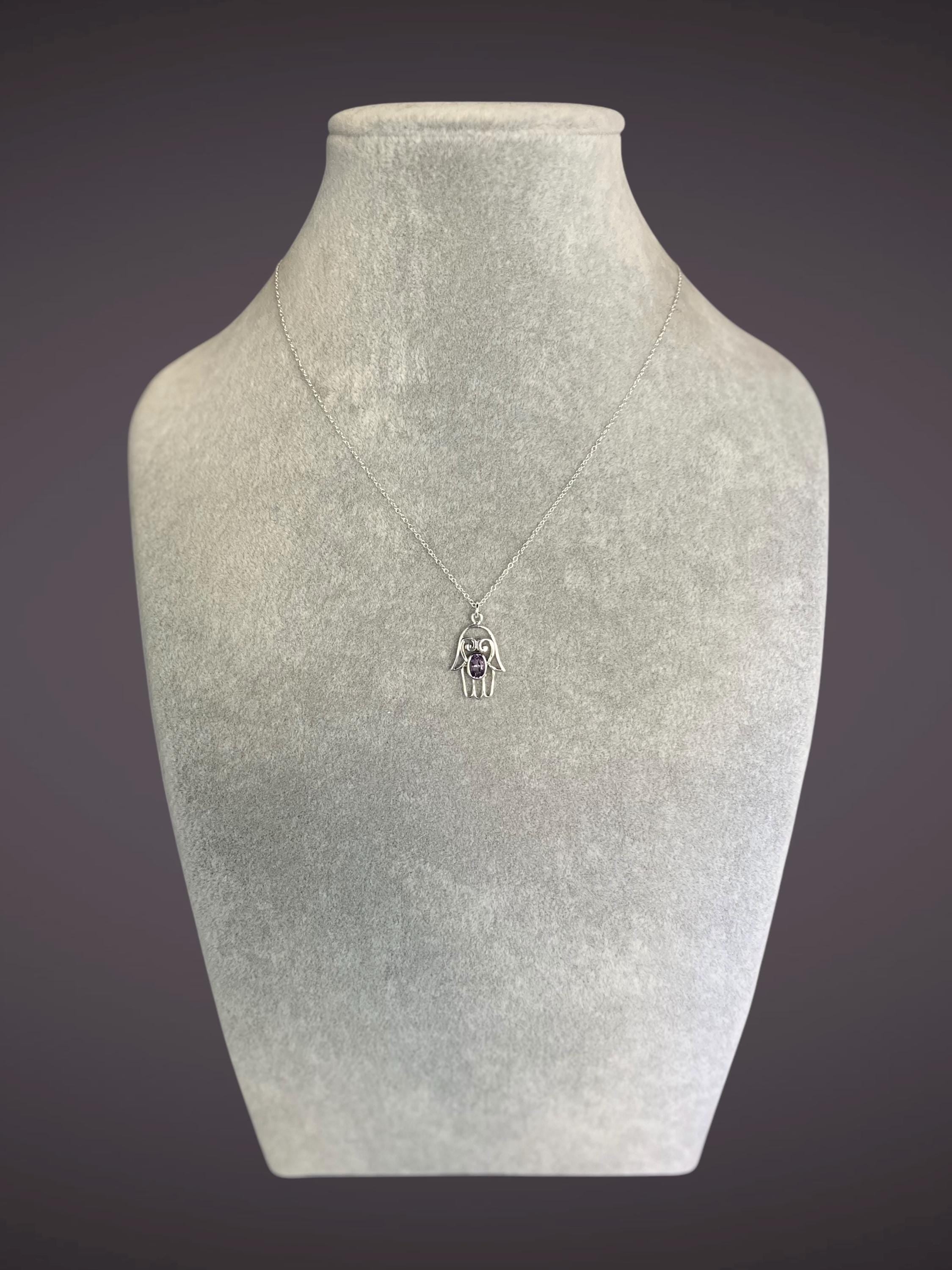 Amethyst and Bali Sterling Silver Filigree Hamsa Hand Pendant Necklace