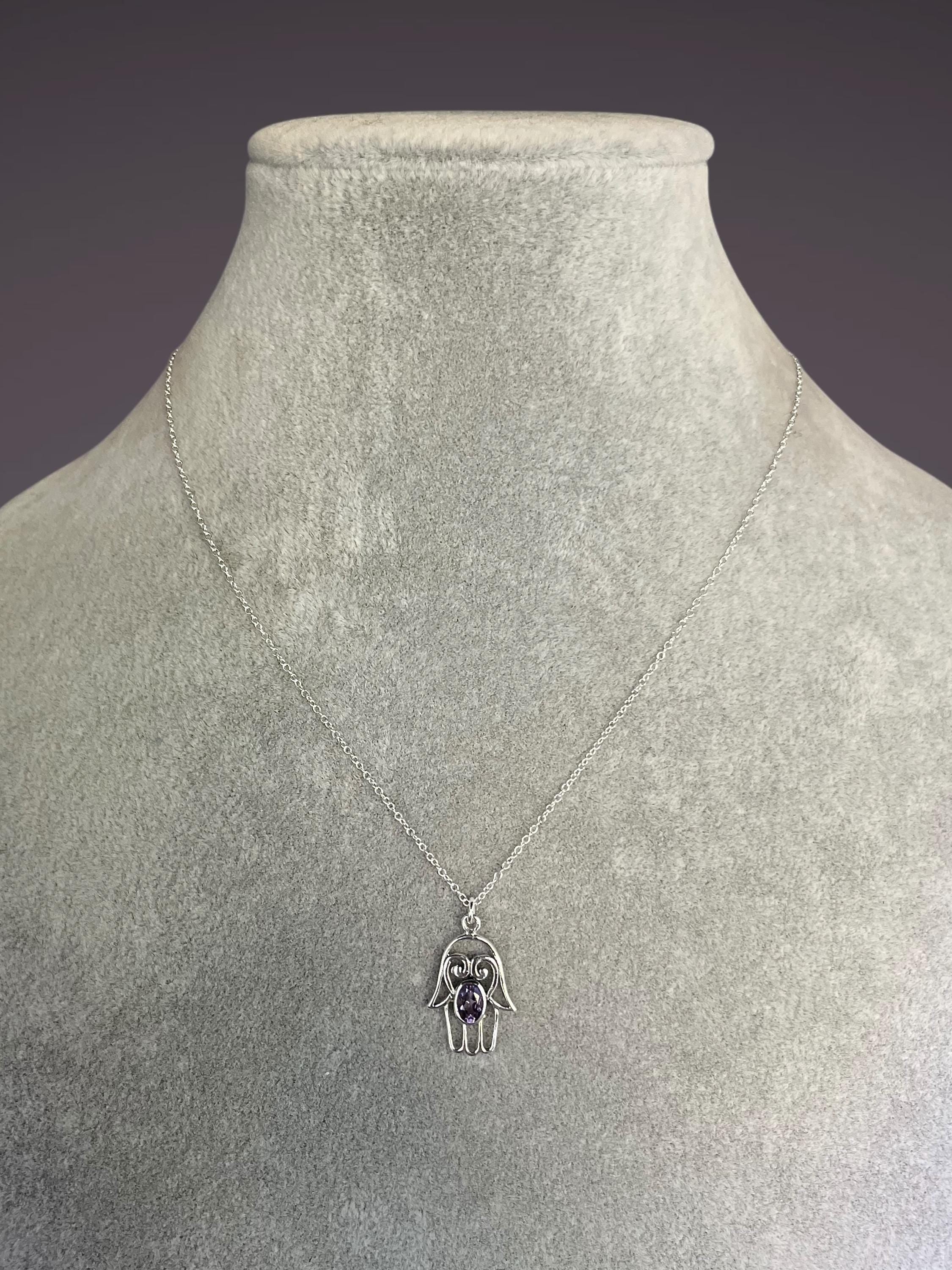 Amethyst and Bali Sterling Silver Filigree Hamsa Hand Pendant Necklace