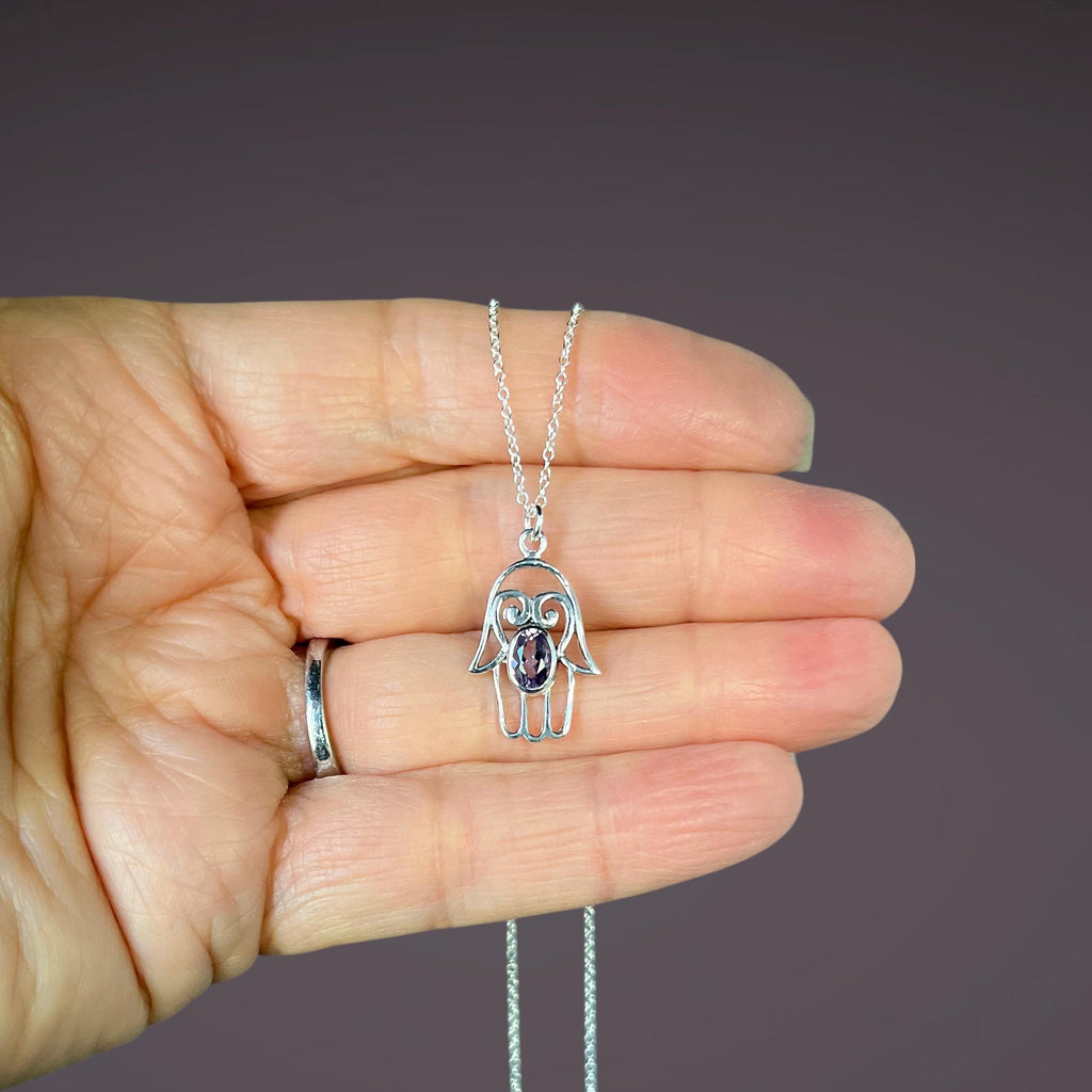 Amethyst and Bali Sterling Silver Filigree Hamsa Hand Pendant Necklace