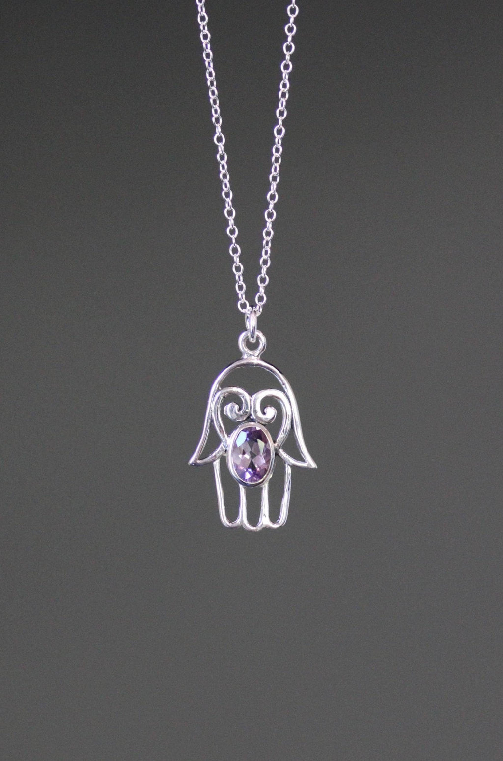 Amethyst and Bali Sterling Silver Filigree Hamsa Hand Pendant Necklace