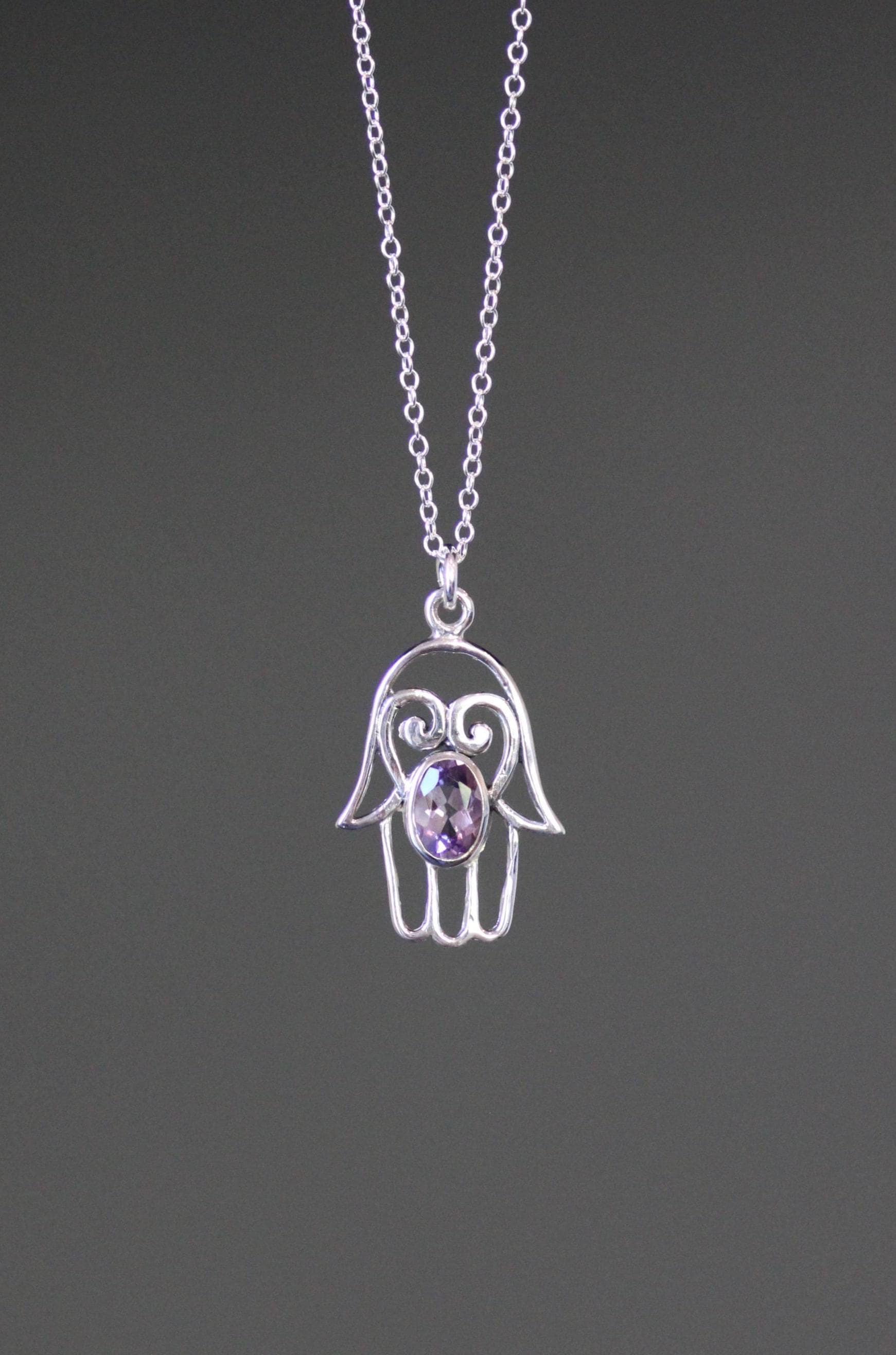 Amethyst and Bali Sterling Silver Filigree Hamsa Hand Pendant Necklace