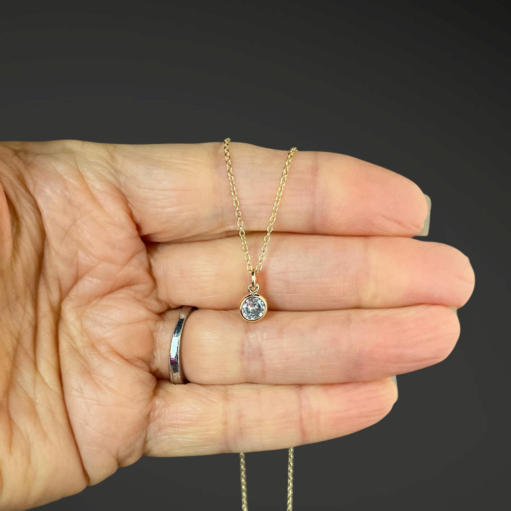 Clear Cubic Zirconia Bezel Pendant on a Gold Filled Chain Necklace