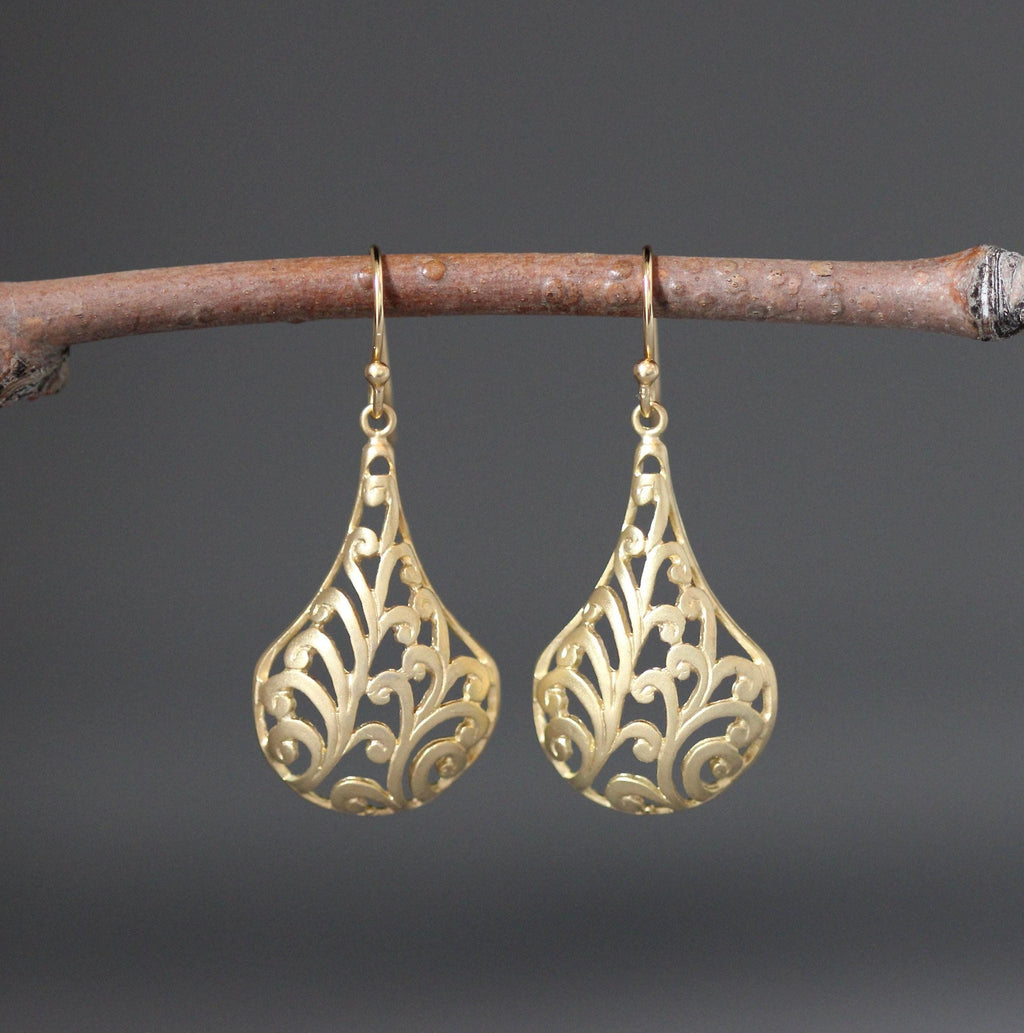 Matte Gold Vermeil Long Filigree Statement Dangle Earrings