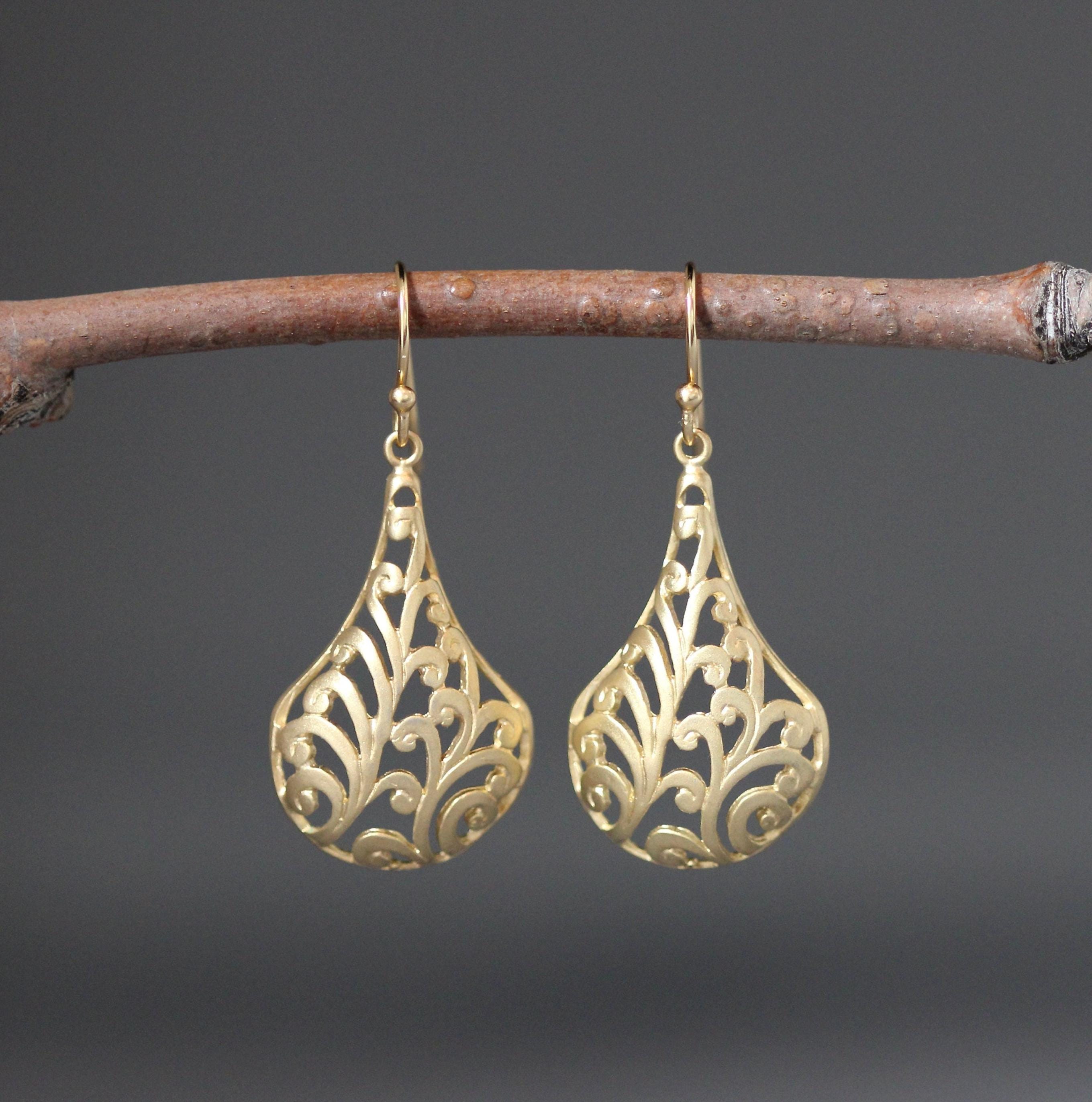 Matte Gold Vermeil Long Filigree Statement Dangle Earrings