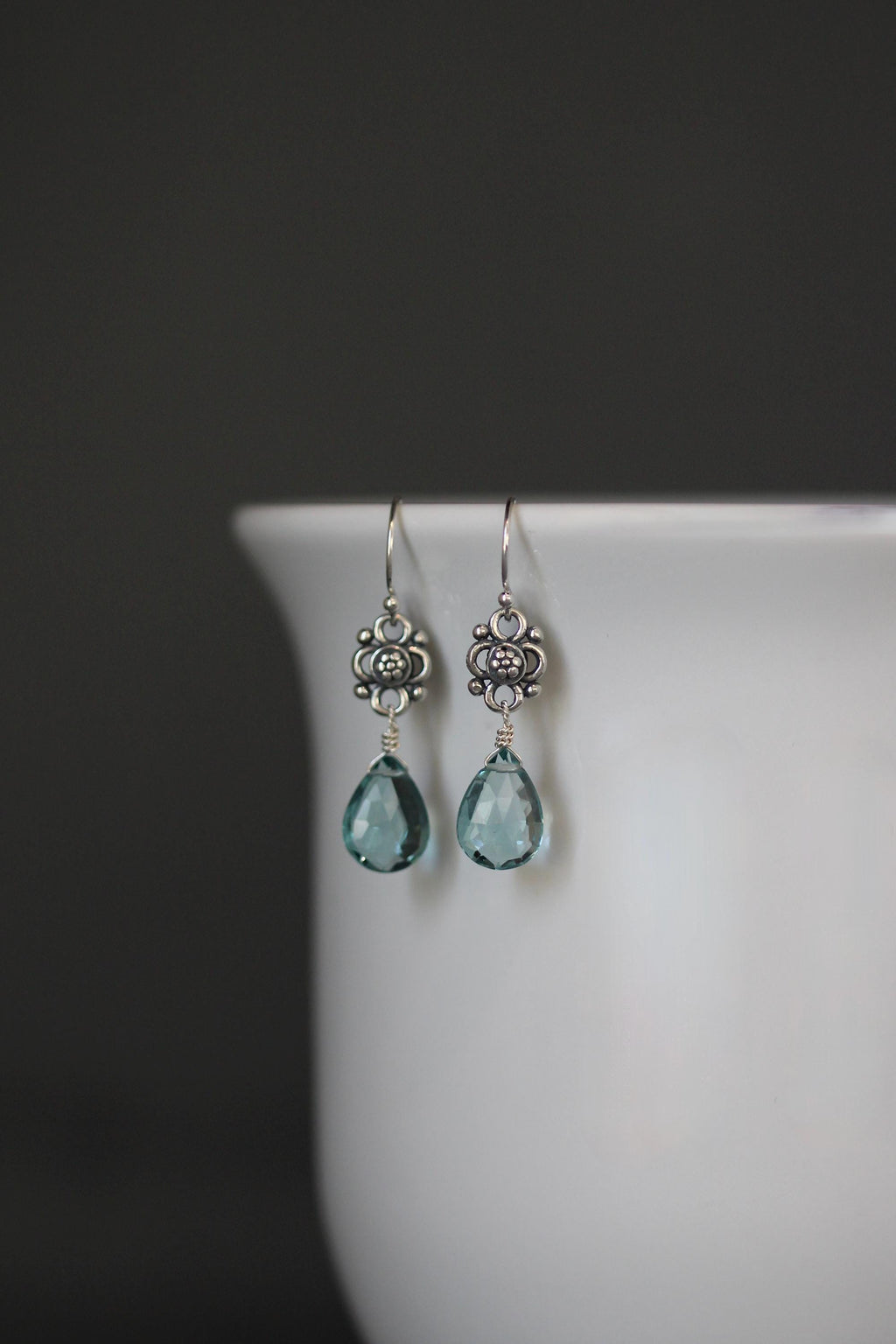 Teal Quartz Teardrop Earrings on Bali Silver Flower Links