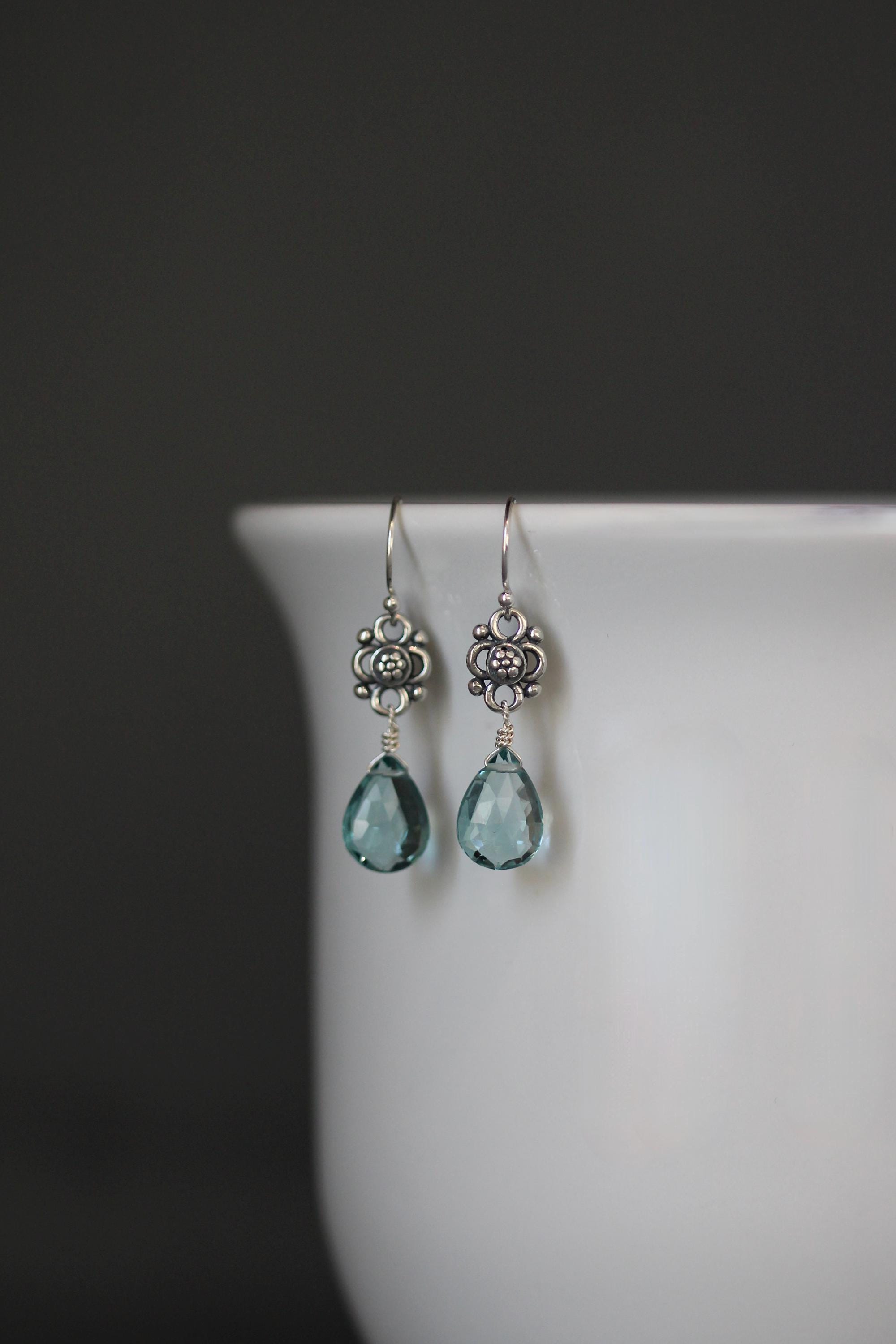 Teal Quartz Teardrop Earrings on Bali Silver Flower Links