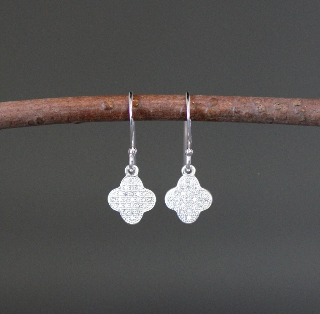 Sterling Silver Pave Cubic Zirconia Clover Charm Dangle Earrings