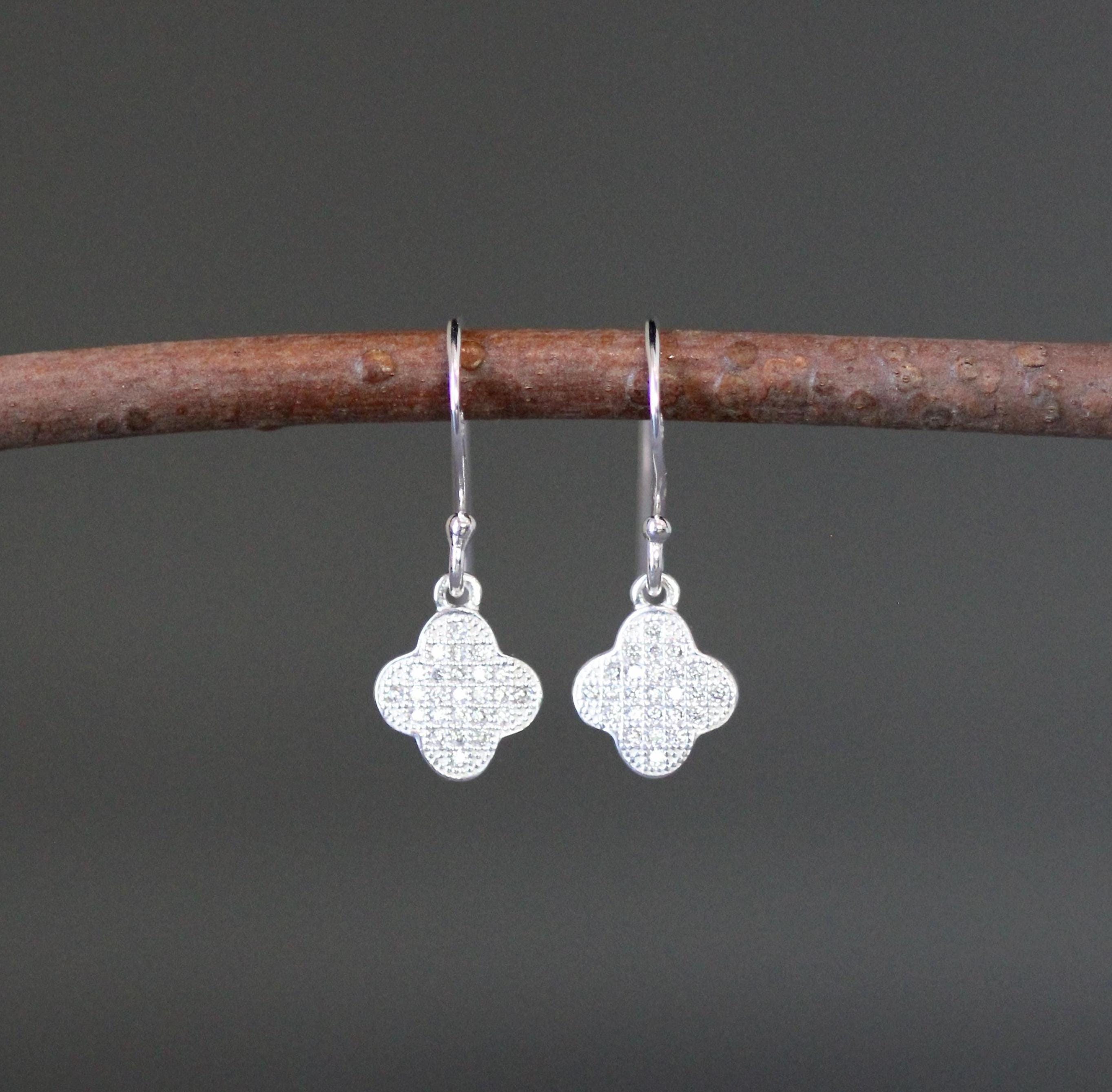 Sterling Silver Pave Cubic Zirconia Clover Charm Dangle Earrings