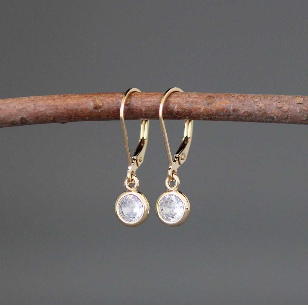 Clear Cubic Zirconia Round Stone Earrings in Gold Filled Bezels