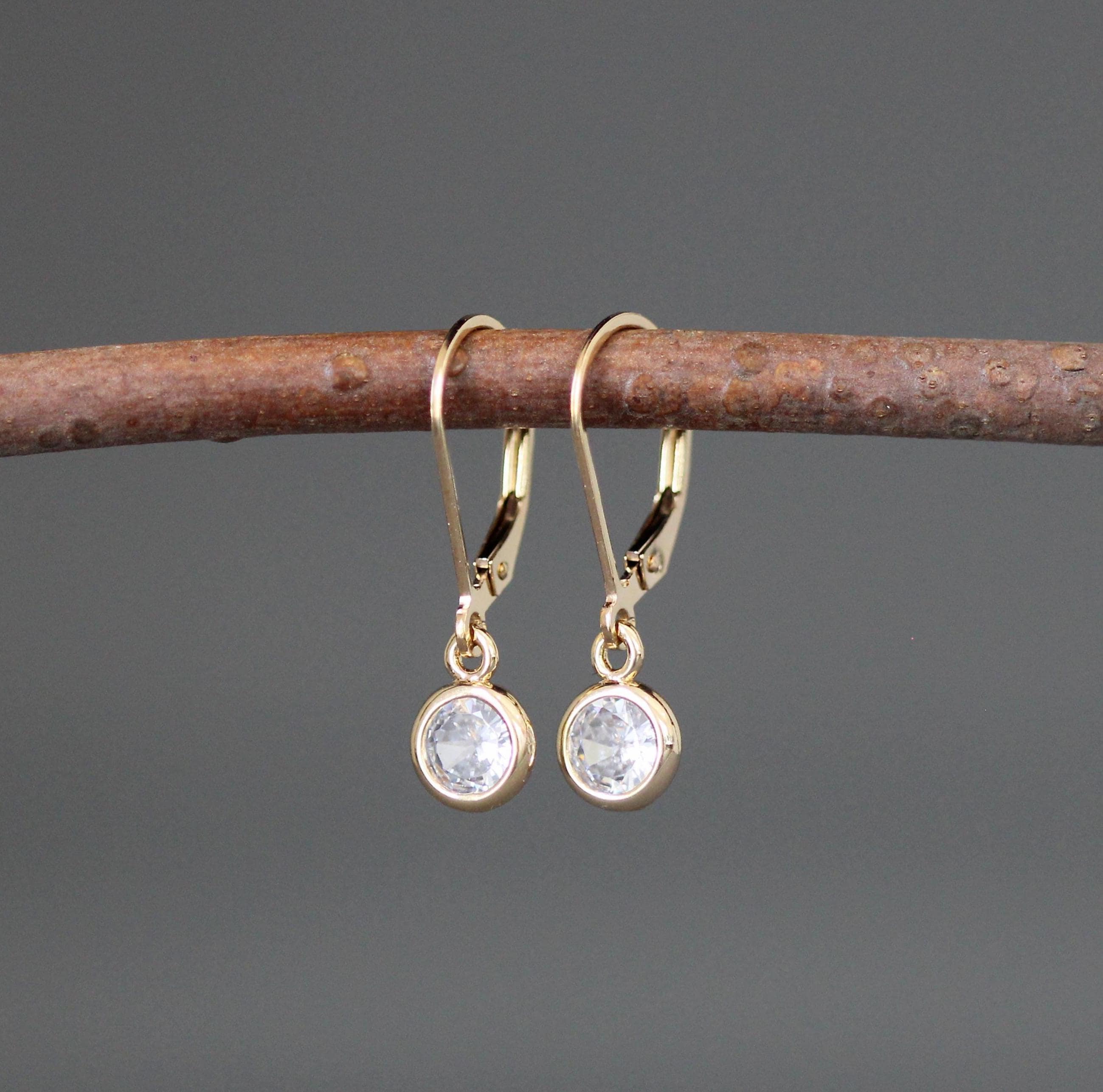 Clear Cubic Zirconia Round Stone Earrings in Gold Filled Bezels