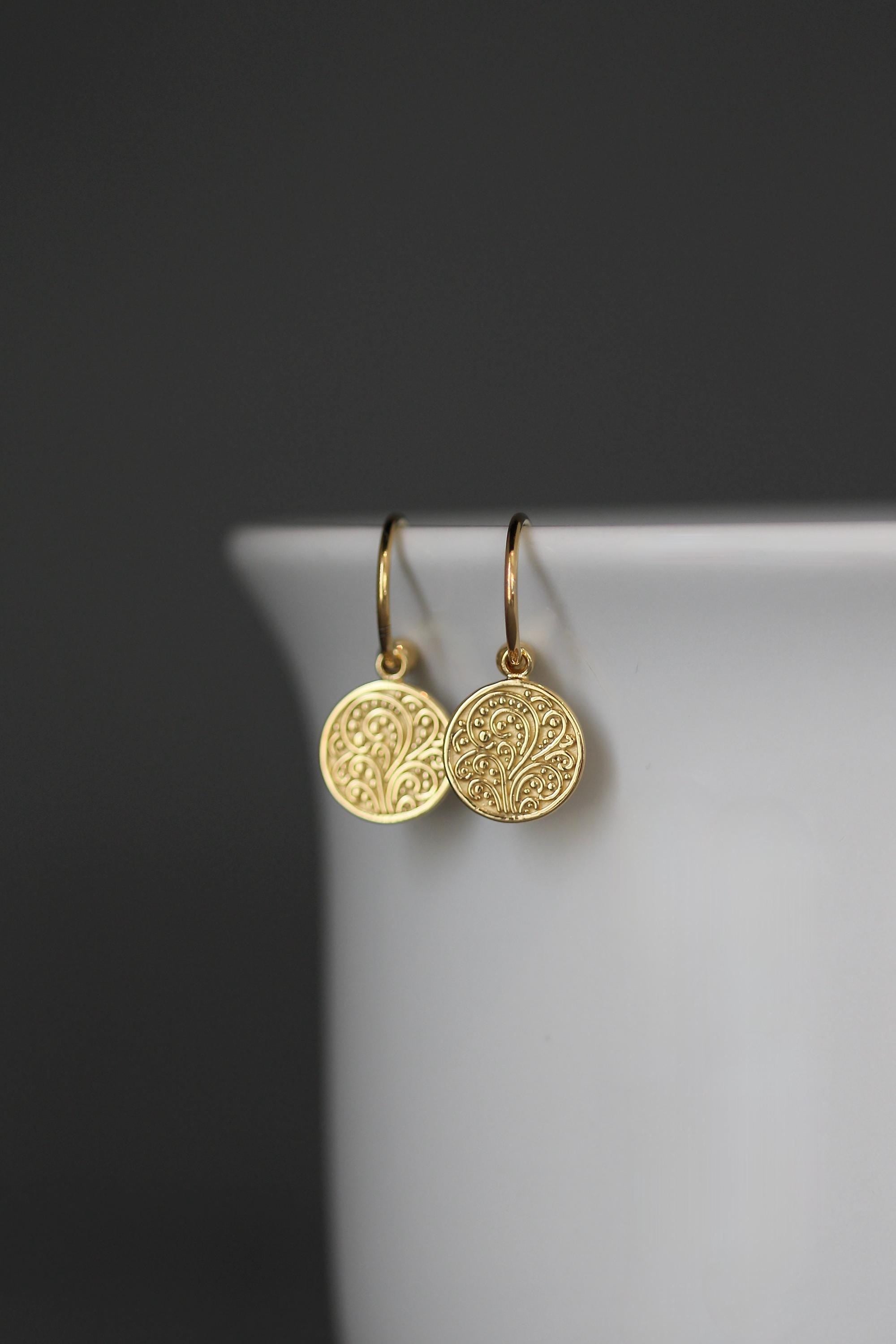 Gold Vermeil Round Medallion Charm Dangle Earrings