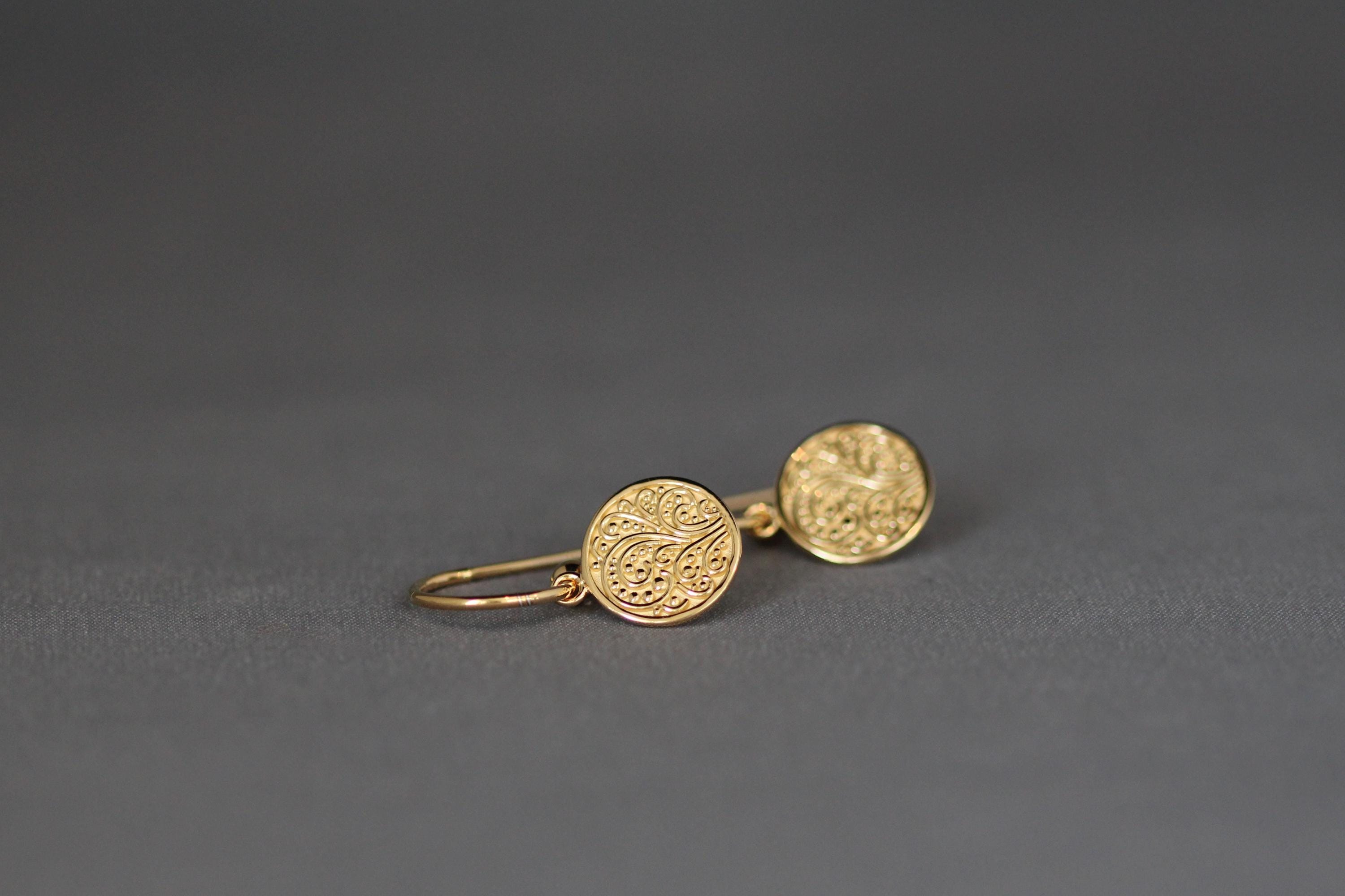 Gold Vermeil Round Medallion Charm Dangle Earrings