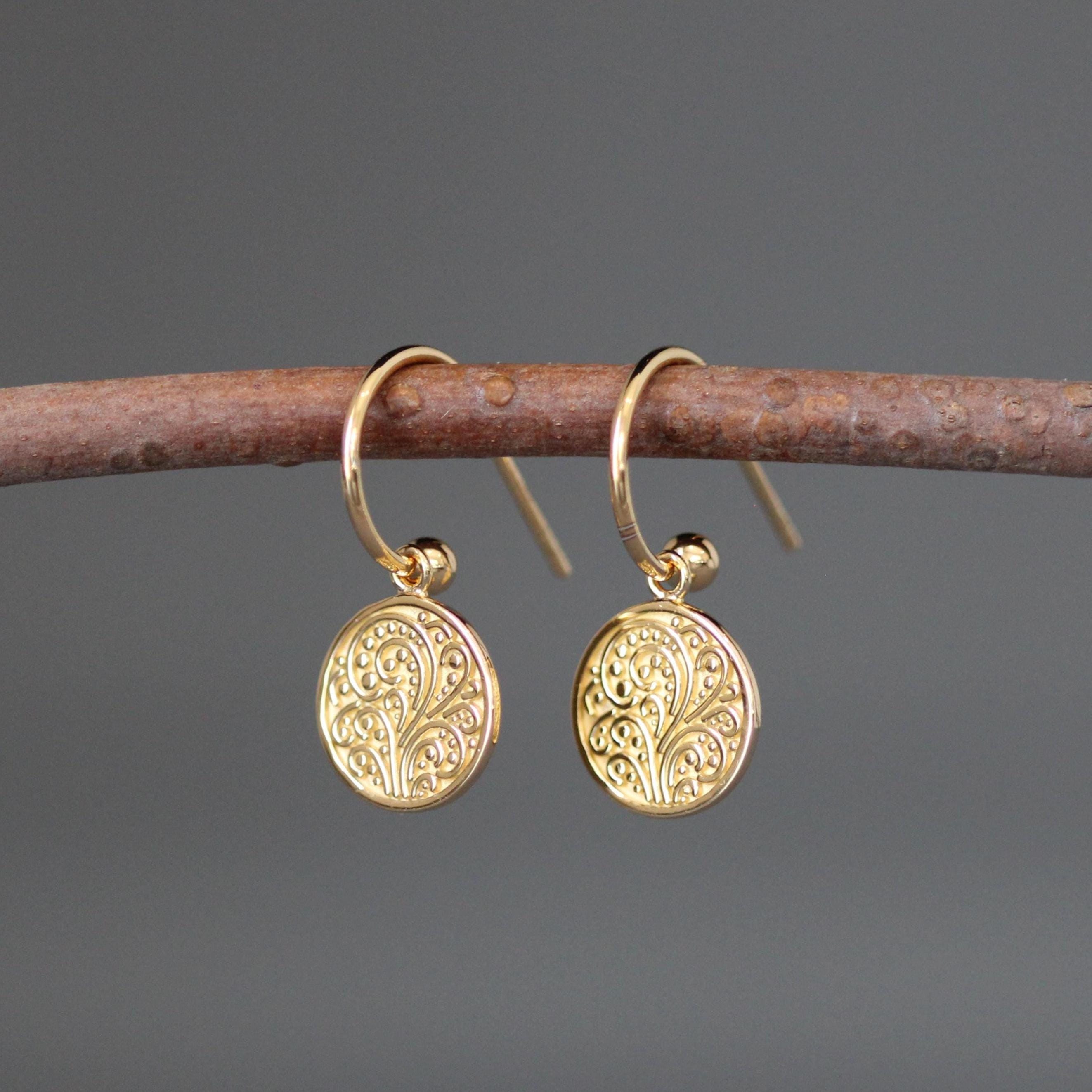 Gold Vermeil Round Medallion Charm Dangle Earrings