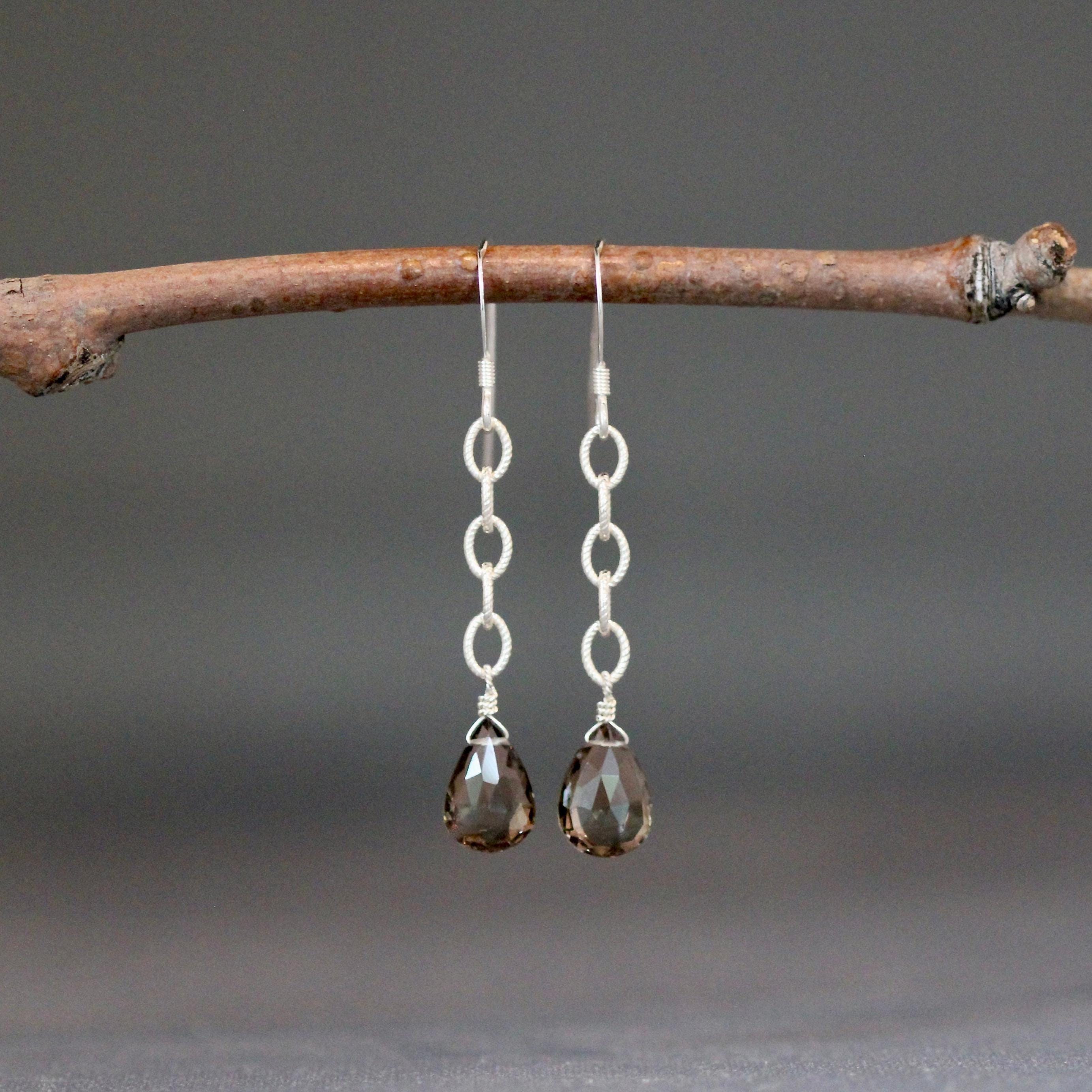 Smoky Quartz Teardrop Earrings on Sterling Silver Chain Links