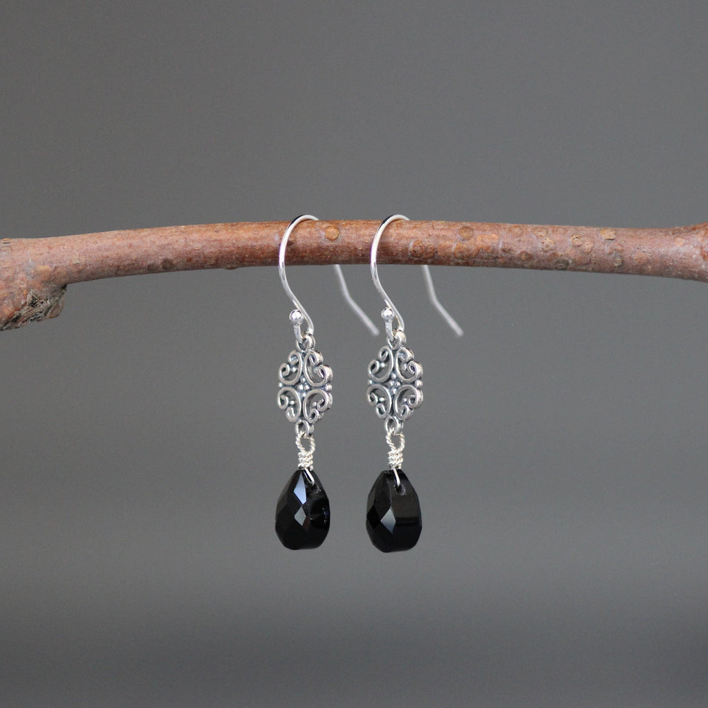 Black Onyx Teardrop Earrings on Bali Sterling Silver Filigree Links
