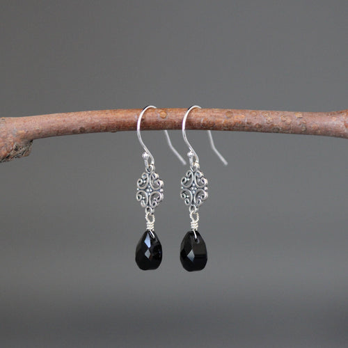 Black Onyx Teardrop Earrings on Bali Sterling Silver Filigree Links