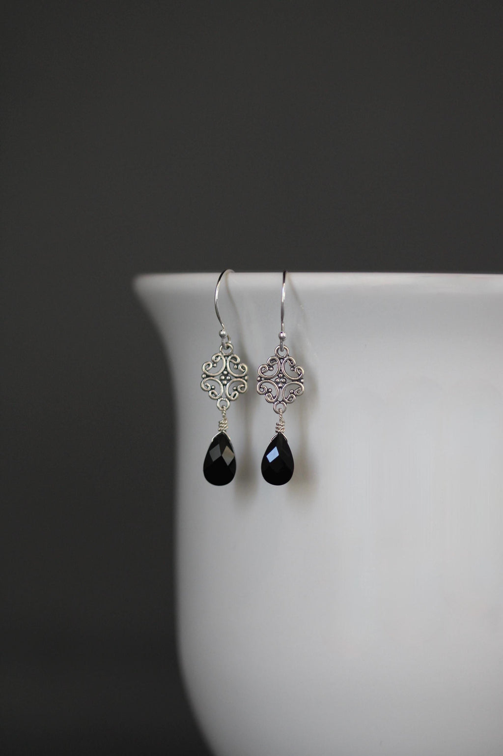 Black Onyx Teardrop Earrings on Bali Sterling Silver Filigree Links
