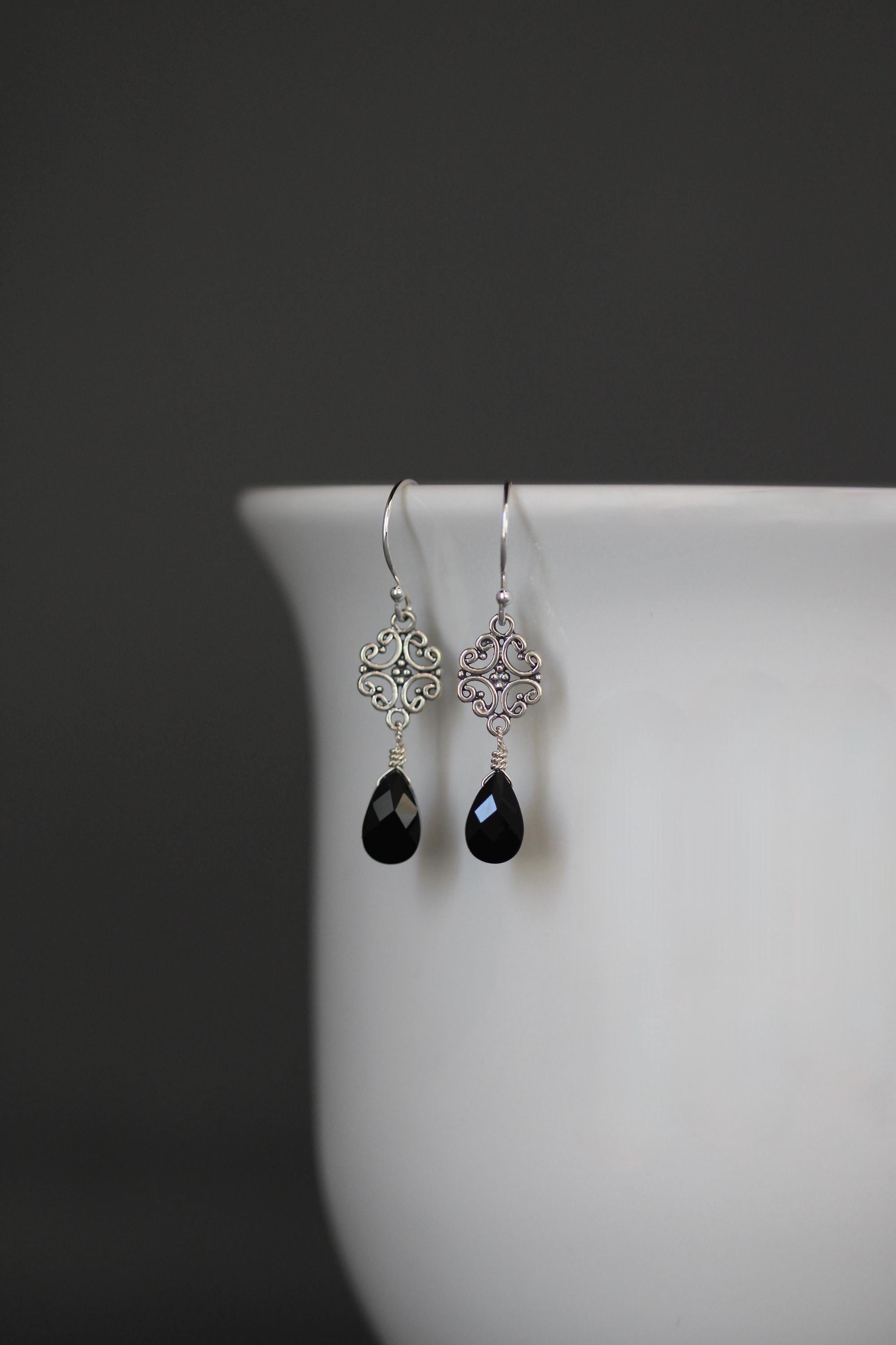 Black Onyx Teardrop Earrings on Bali Sterling Silver Filigree Links