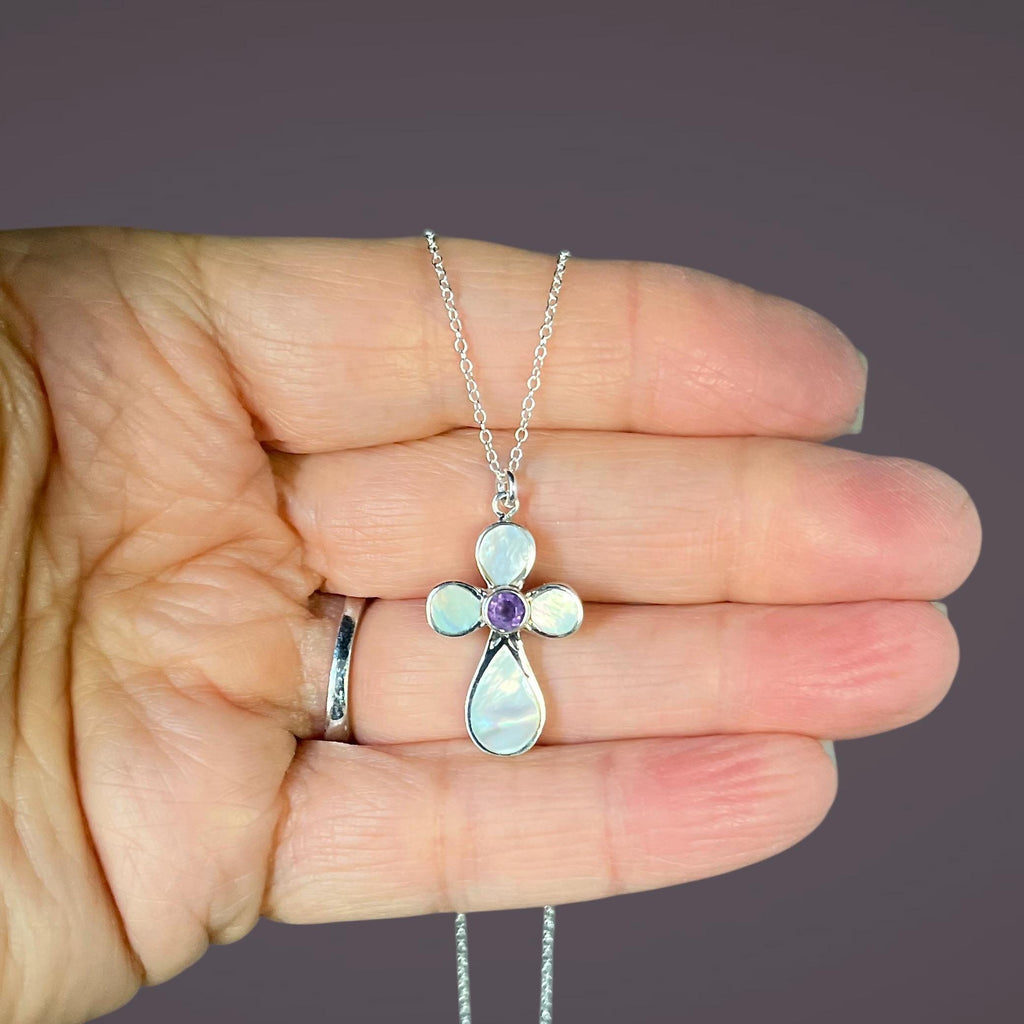 Amethyst and Mother of Pearl Bali Sterling Silver Cross Pendant Necklace