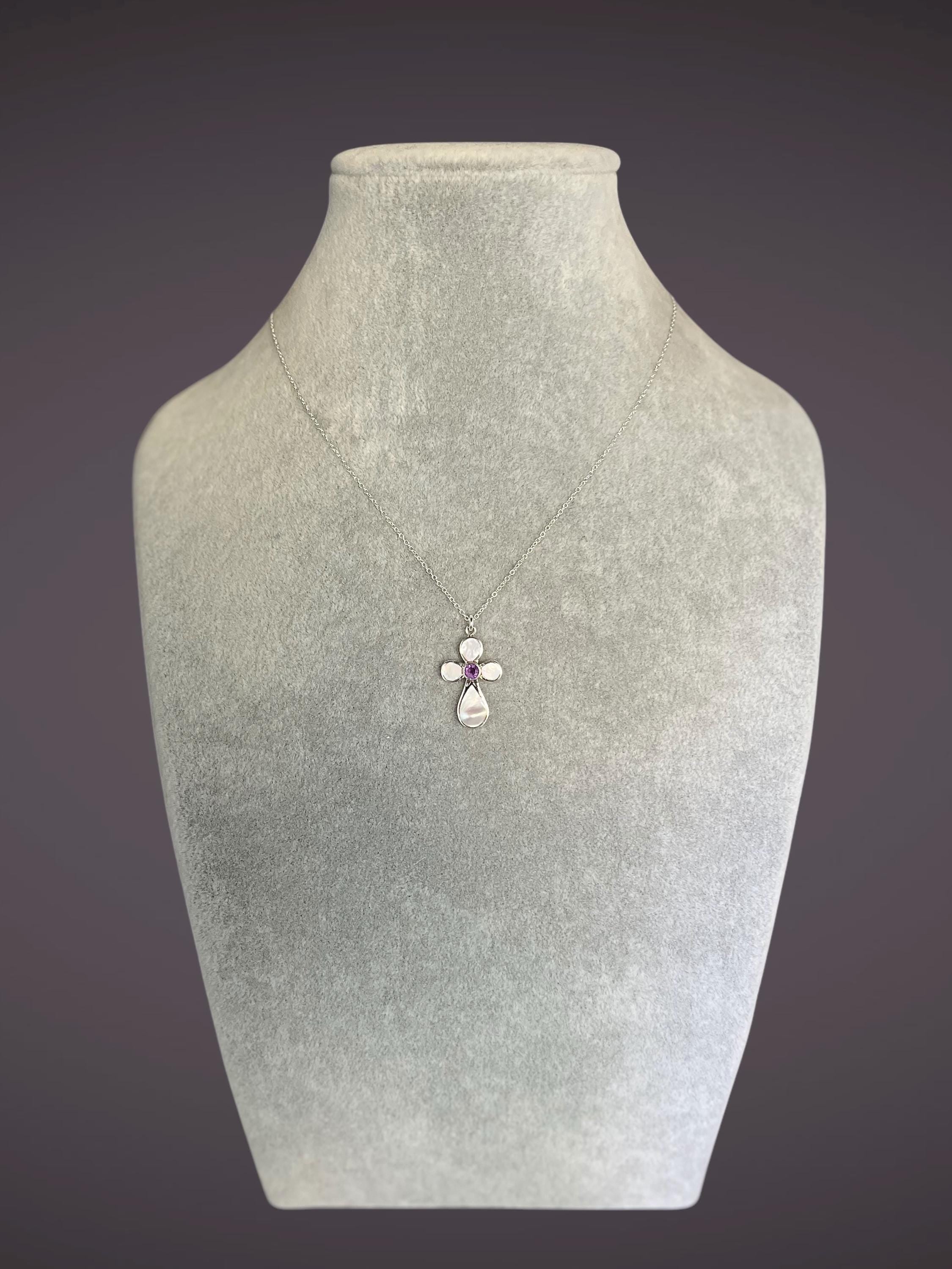 Amethyst and Mother of Pearl Bali Sterling Silver Cross Pendant Necklace