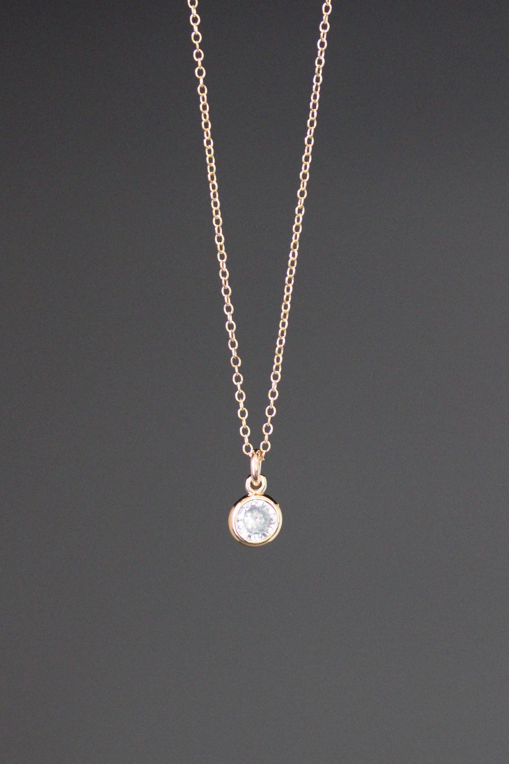 Clear Cubic Zirconia Bezel Pendant on a Gold Filled Chain Necklace