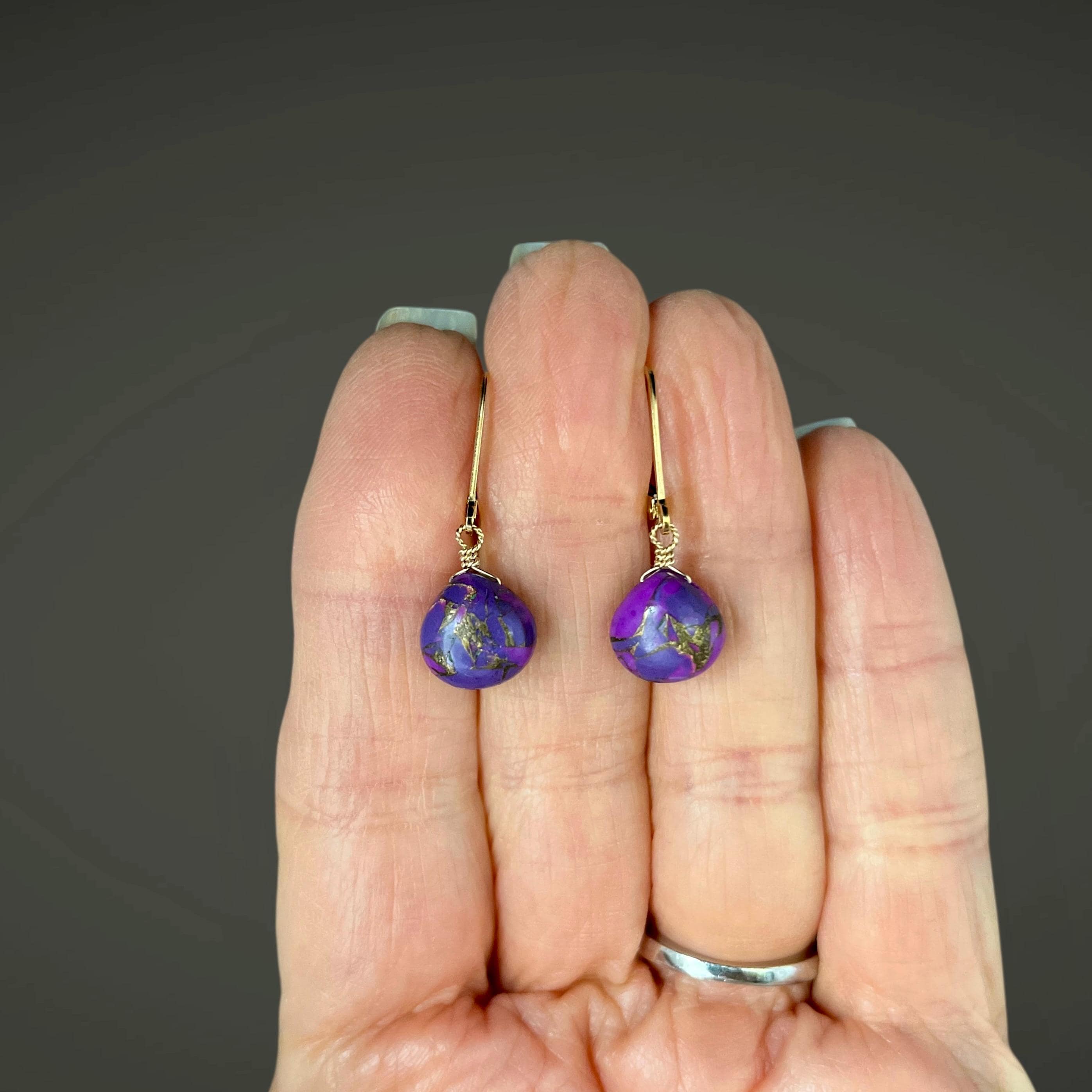 Purple Copper Turquoise Teardrop Earrings on Gold Filled Leverbacks