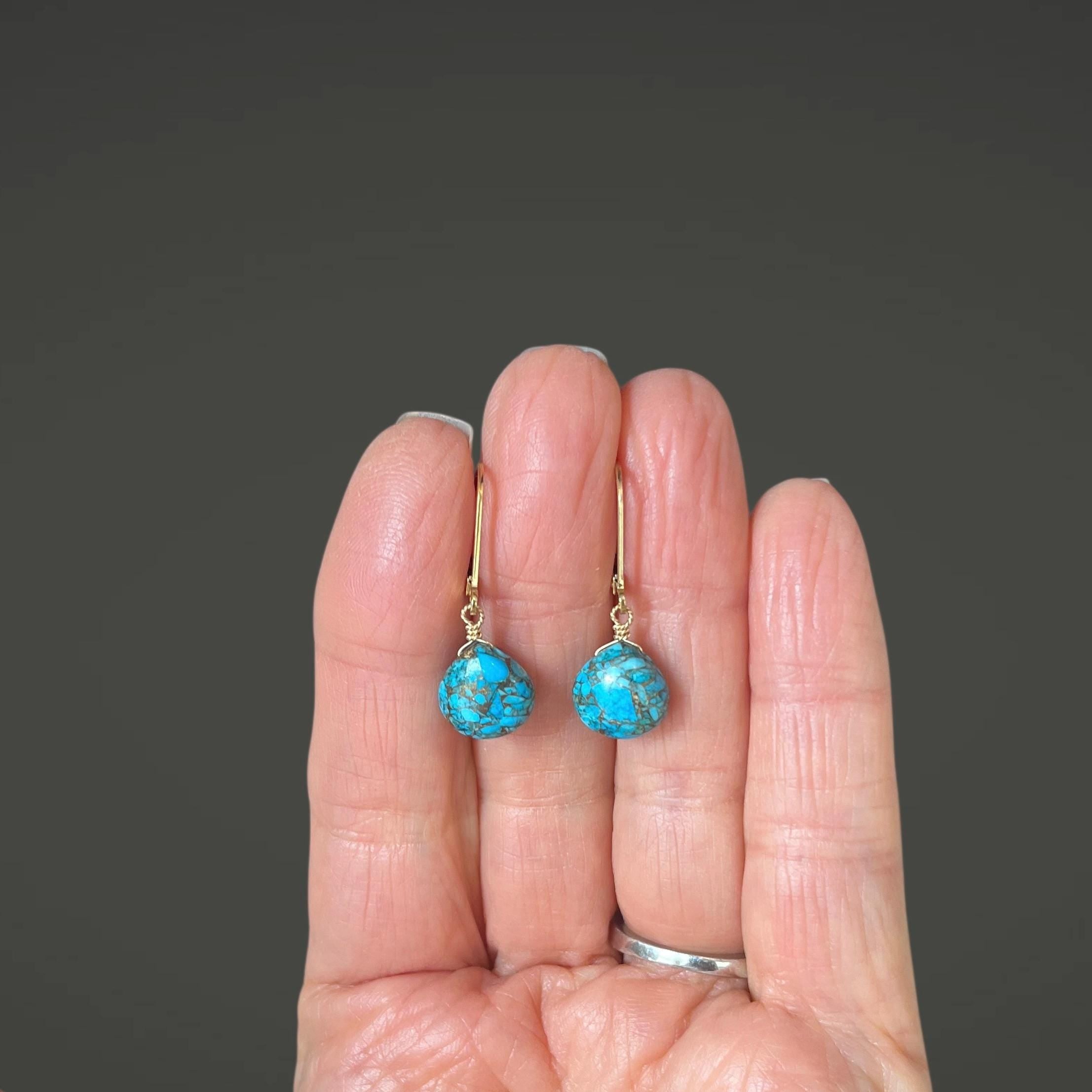 Blue Copper Turquoise Teardrop Earrings on Gold Filled Leverbacks