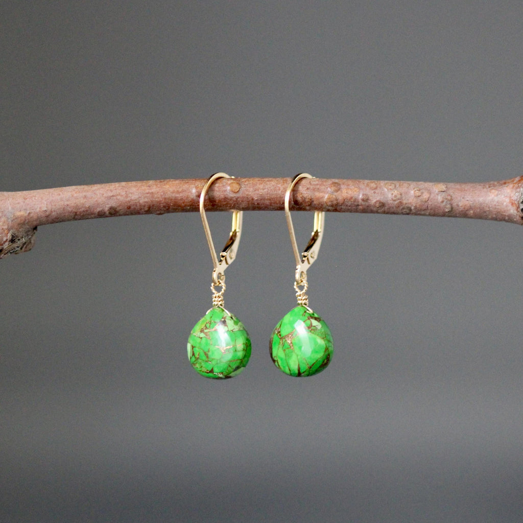 Green Copper Turquoise Teardrop Dangle Earrings in Gold Filled