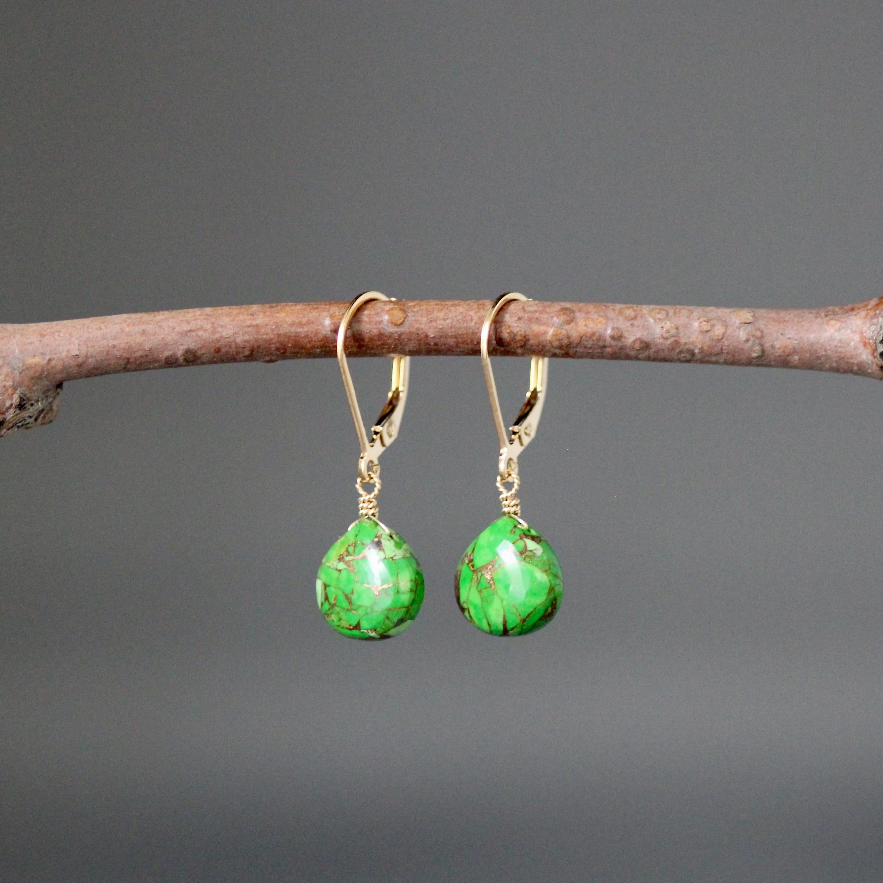 Green Copper Turquoise Teardrop Dangle Earrings in Gold Filled