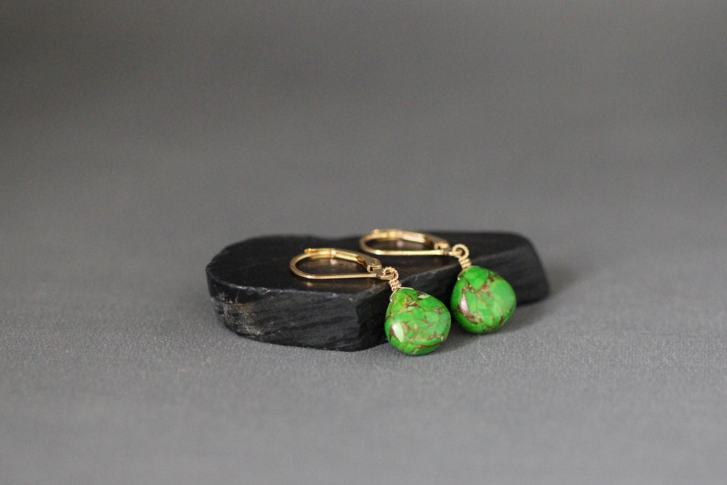 Green Copper Turquoise Teardrop Dangle Earrings in Gold Filled