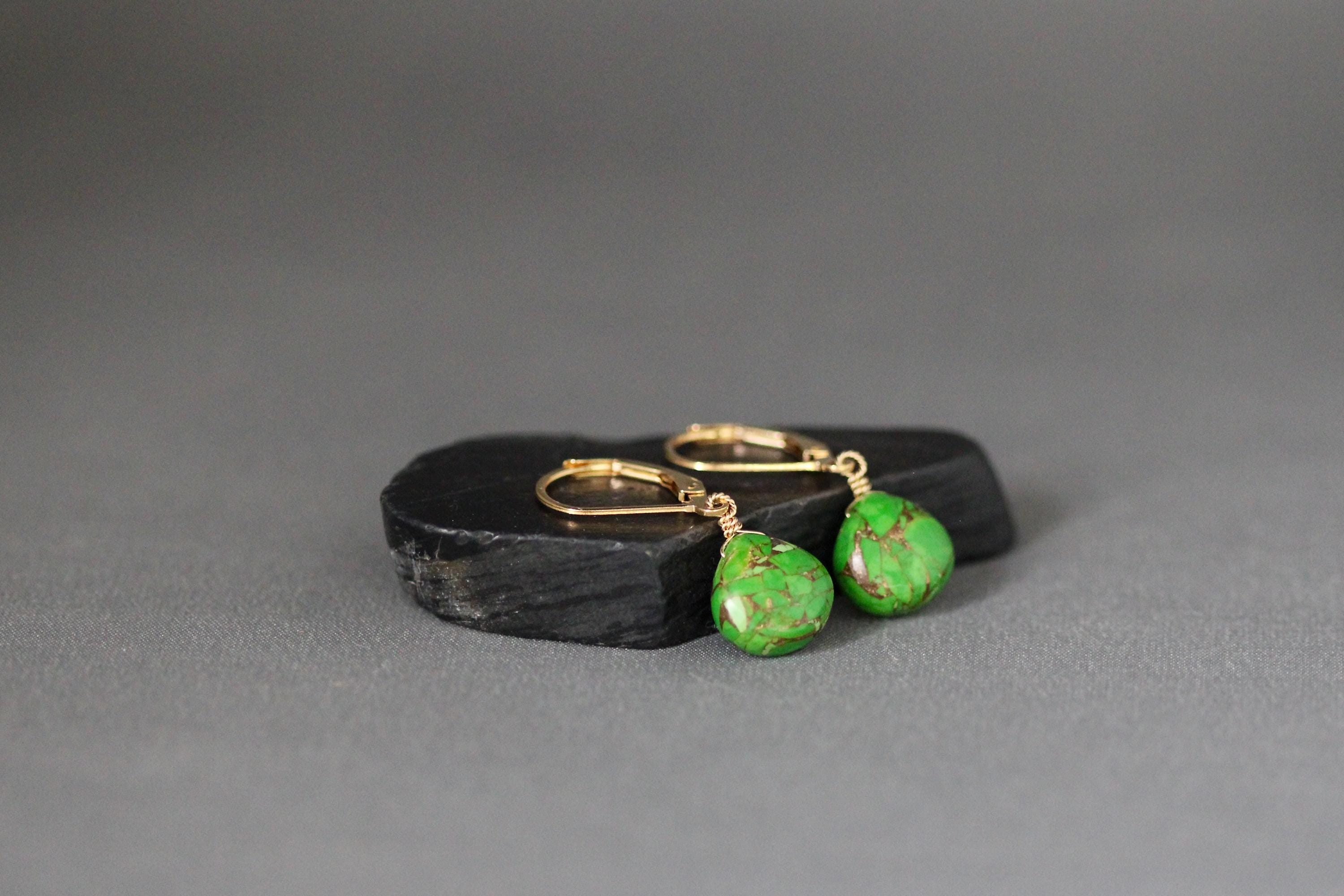 Green Copper Turquoise Teardrop Dangle Earrings in Gold Filled